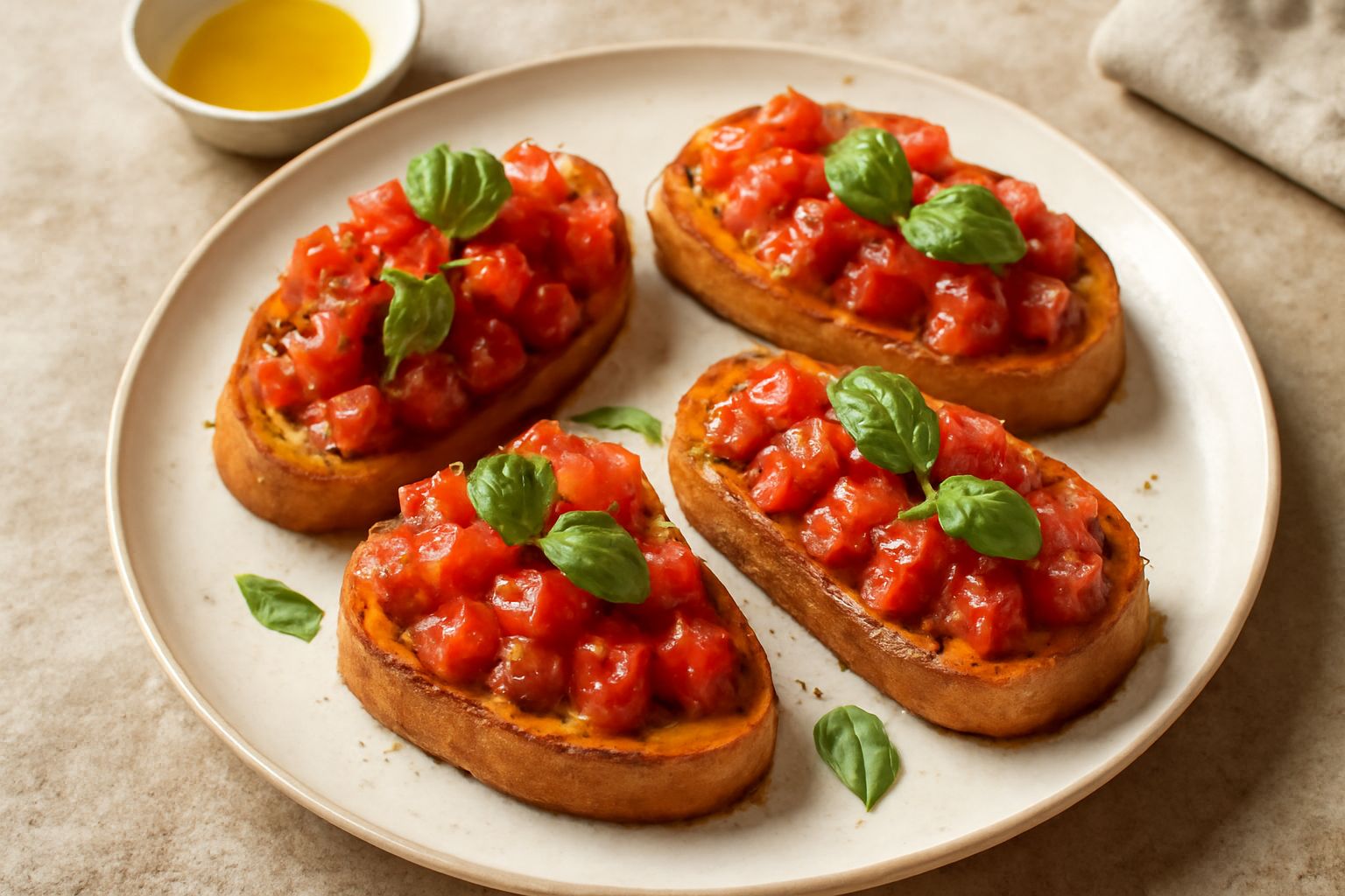 Bruschette disposte su un piatto bianco, pane dorato e croccante con pomodori rossi tagliati a dadini, aglio fresco e basilico verde, olio che brilla sulla superficie