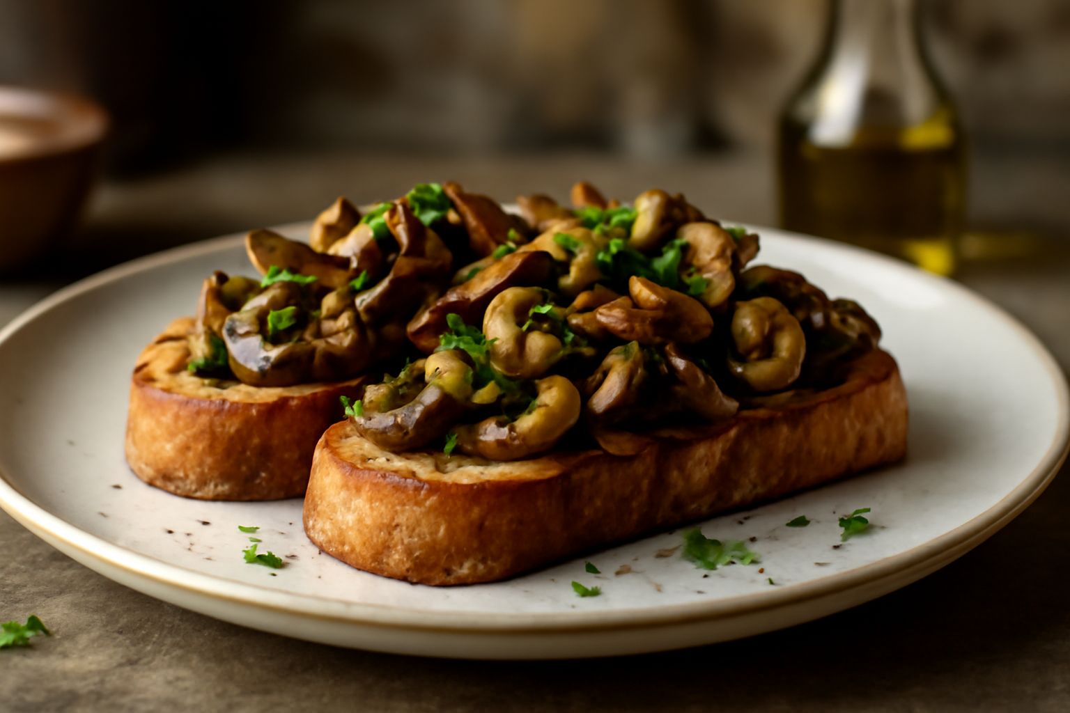 Fette di pane tostato coperte da funghi trifolati color marrone scuro, aglio e prezzemolo verde, disposte su un piatto bianco con gocce di olio extravergine