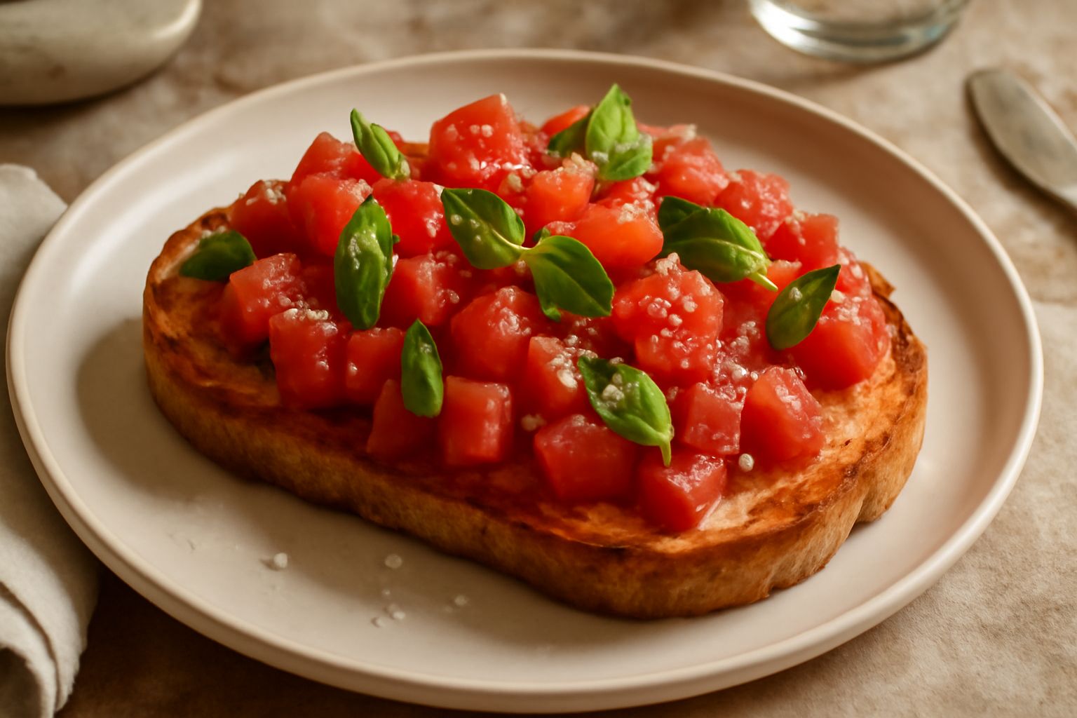Quattro fette di pane tostato con superficie croccante dorata, coperte di pomodori rossi a dadini e foglie di basilico fresco verde, condite con olio e aglio, su un piatto bianco