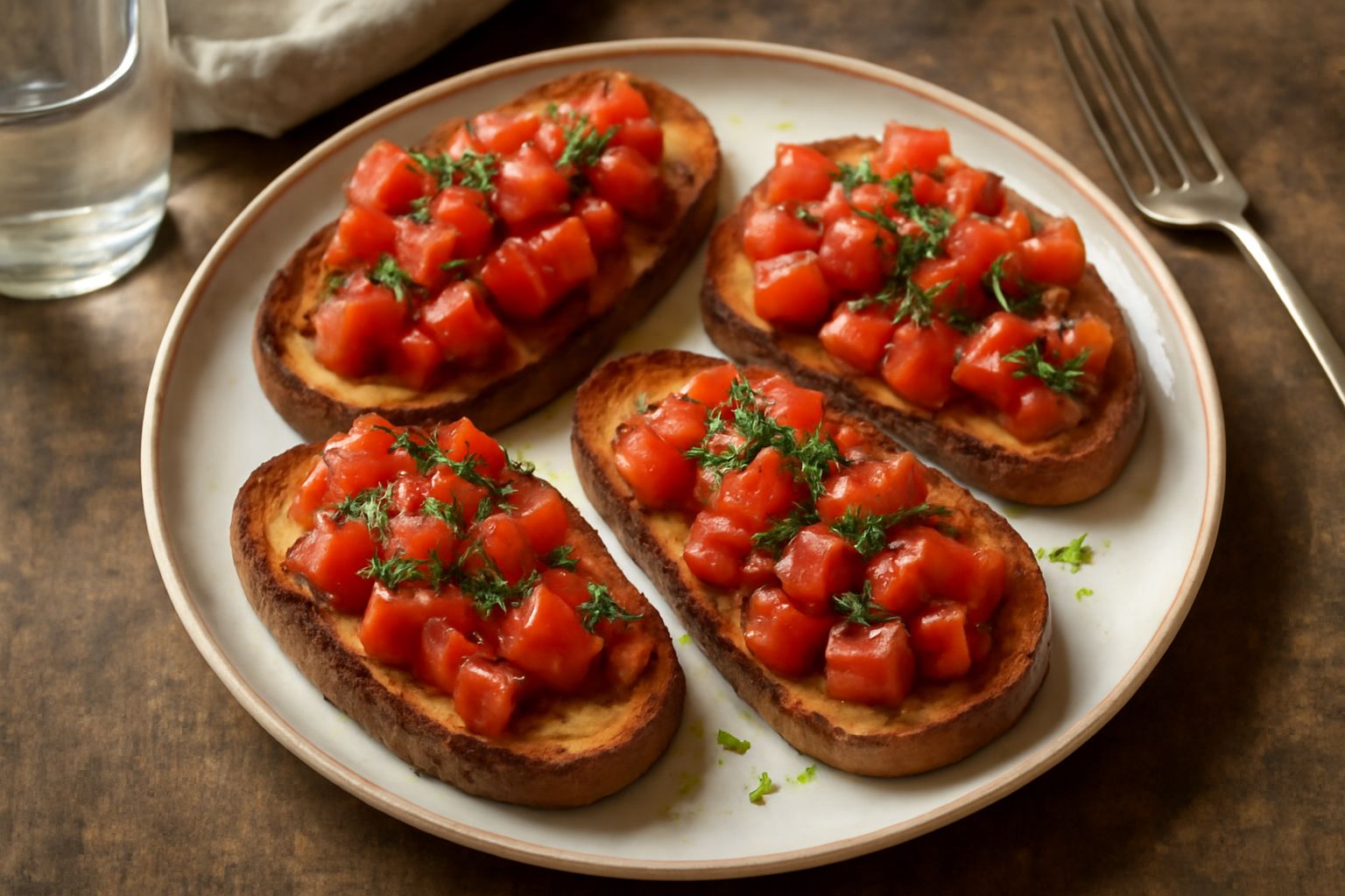 Bruschetta al pomodoro su un piatto bianco con pane tostato dorato, pomodori rossi brillanti, fettine di aglio e gocce di olio di oliva, con foglioline di basilico