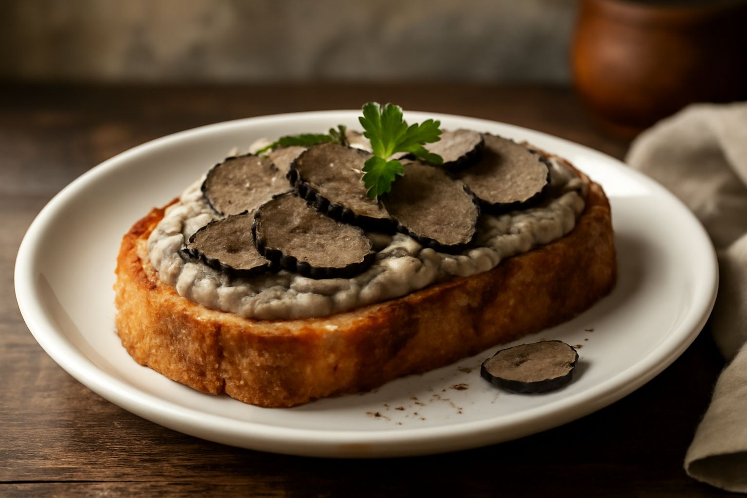 Fette di bruschetta croccante con crostini dorati, condite con tartufo nero grattugiato, poggia su un piatto bianco con gocce di olio extravergine