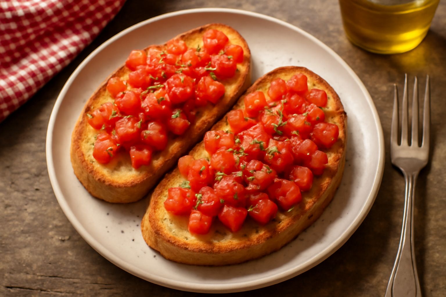Bruschette con pane tostato dorato, coperte di pomodori rossi tagliati, aglio fresco, origano verde e olio d'oliva, disposte su un piatto bianco
