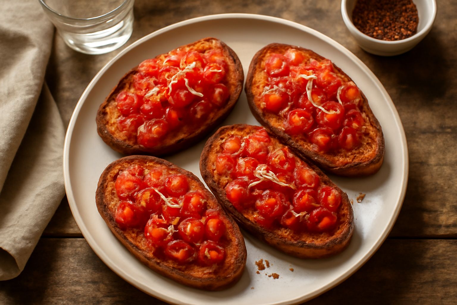 Sei bruschette disposte su un piatto bianco, con pane tostato dorato, condimento rosso di pomodori freschi, fette di aglio visibili, gocce di olio d'oliva brillante e peperoncino rosso tritato