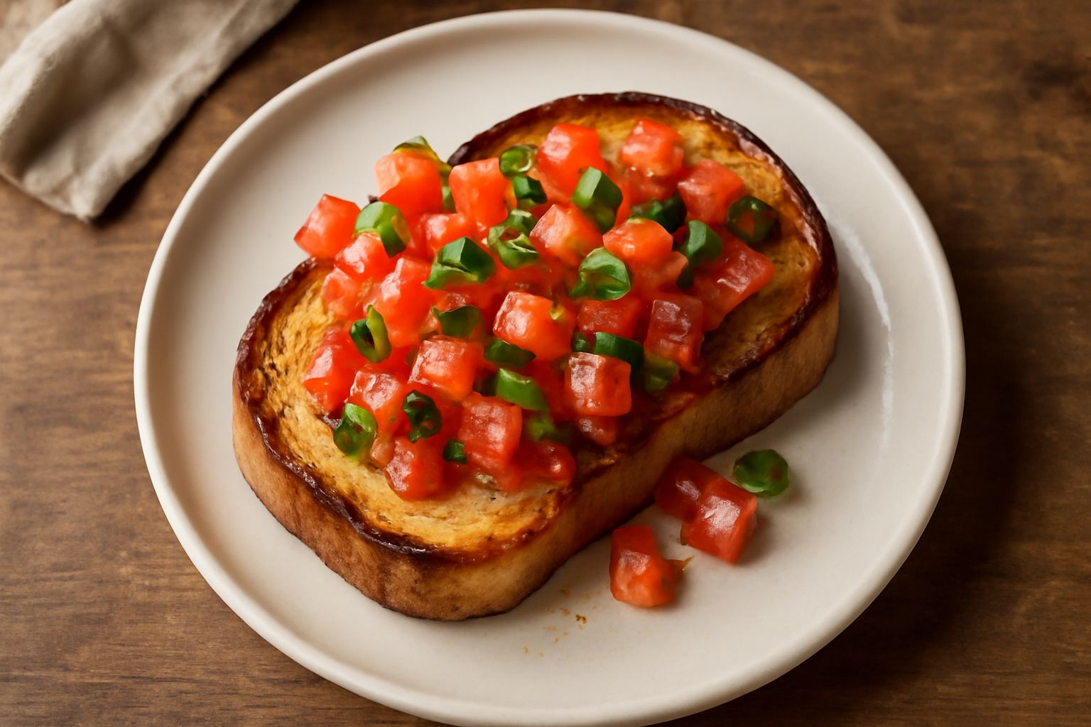 Quattro fette di pane tostato dorate ricoperte di dadini di pomodoro rosso, basilico fresco verde e gocce di olio d'oliva lucido, disposte su un piatto bianco.