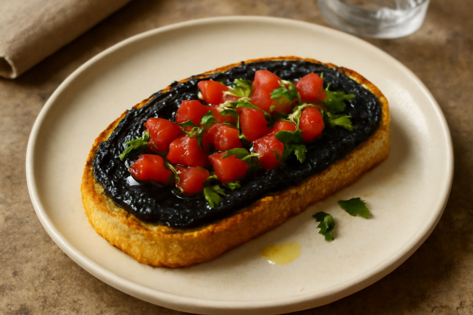 Bruschette nere allineate su un piatto bianco, con superficie nera lucida da nero di seppia, pomodori rossi in superficie e prezzemolo verde fresco, pane tostato sottostante croccante e dorato ai bord