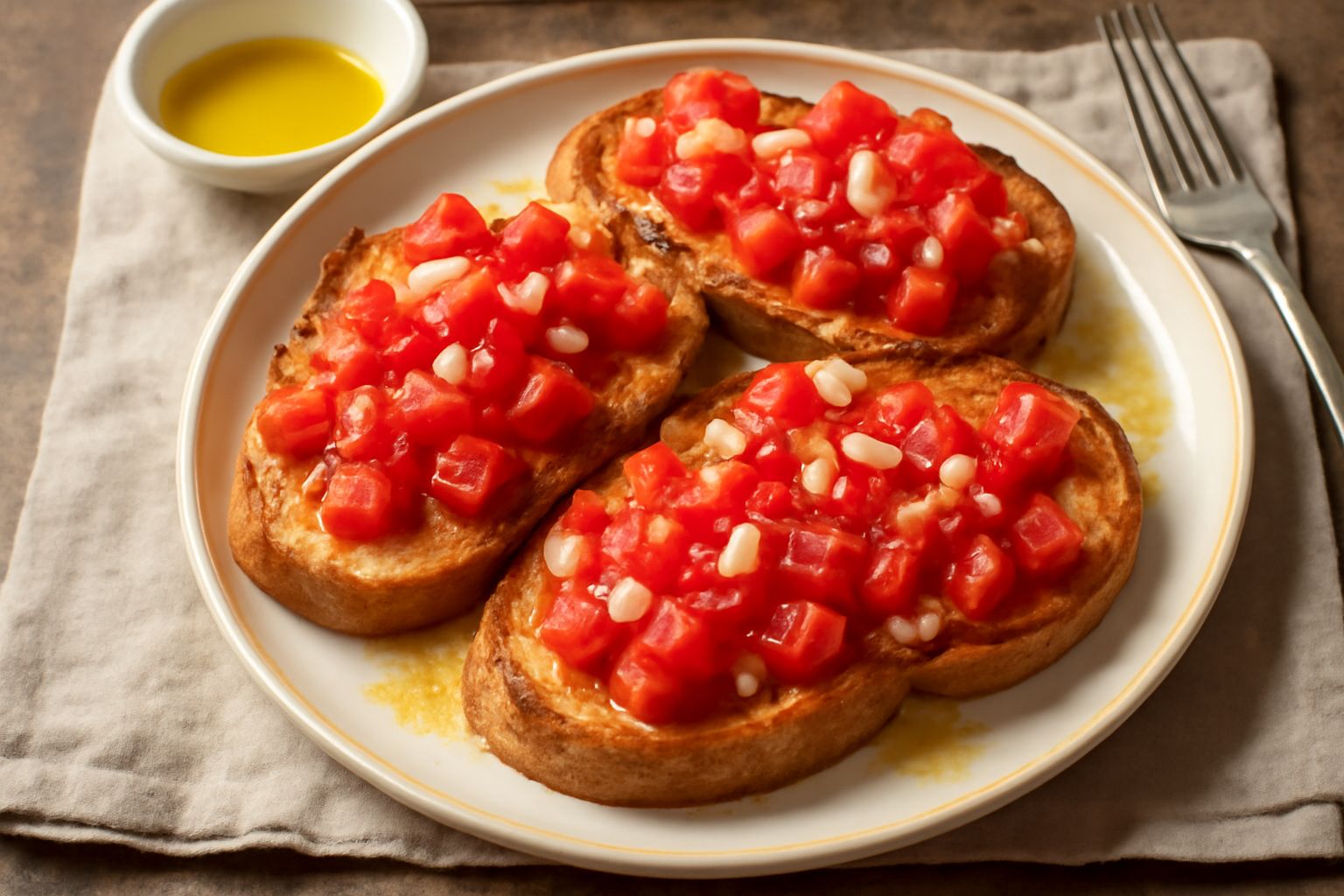 Bruschetta rietina su piatto bianco con fette di pane abbrustolite coperte di salsa di pomodori rossi e freschi, aglio, olio d'oliva lucido e prezzemolo verde, impiattamento rustico