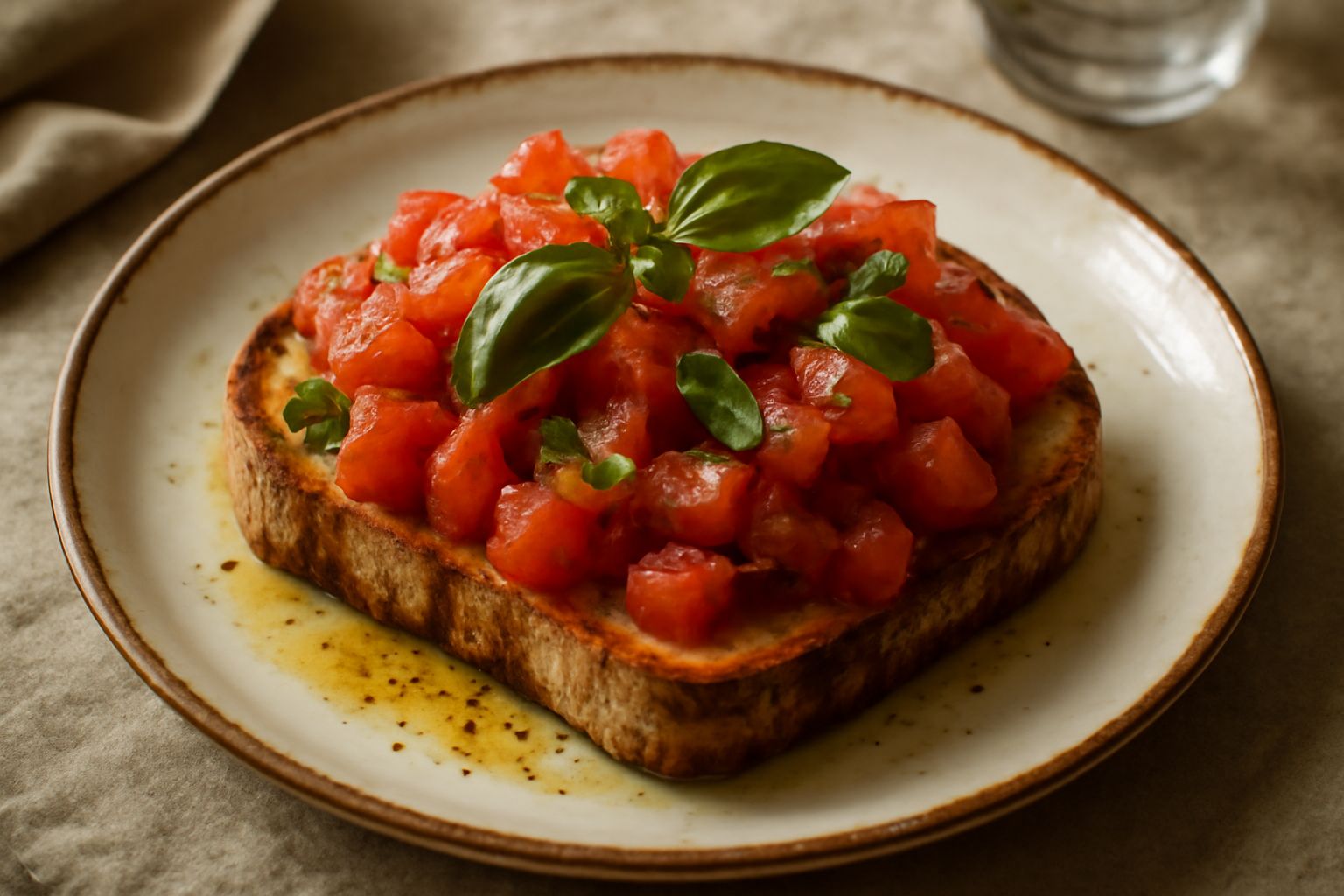 Fette di pane tostato con pomodori rossi tagliati, foglie di basilico verde e olio d'oliva su piatto bianco, vista dall'alto
