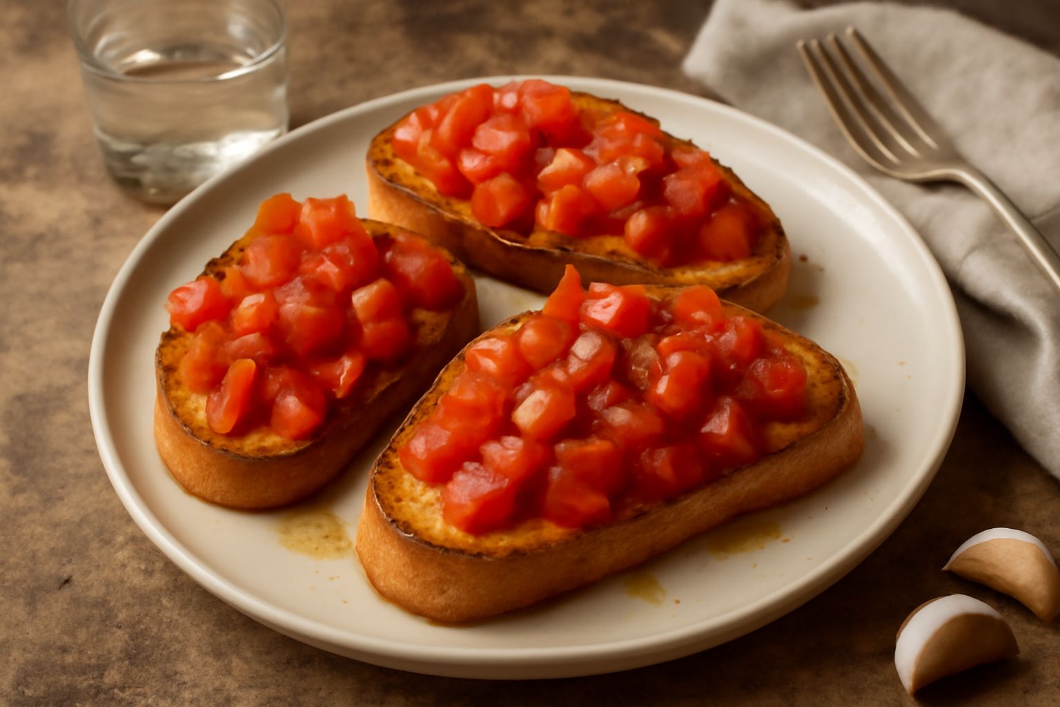 Fette di pane tostato dorate con pomodori rossi, aglio fresco e olio verde scuro, disposte su un piatto bianco, gocce di olio brillano sulla superficie