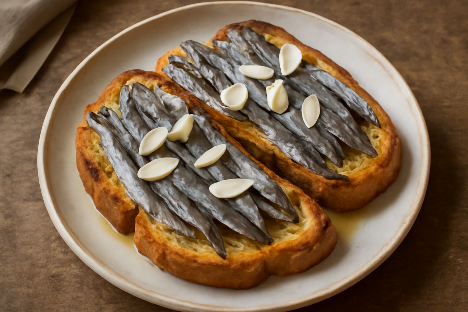 Fette di pane tostato coperte da alici grigie, aglio affettato e olio verde su un piatto bianco, briciole dorate intorno, bacchetta di sedano accanto