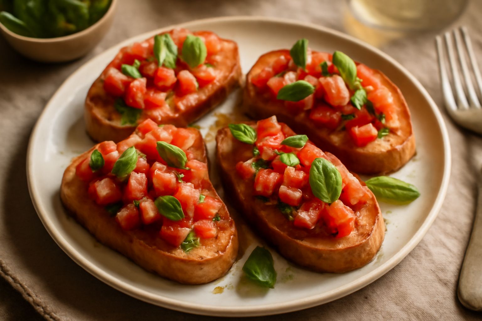 Bruschettas su un piatto bianco, pane tostato dorato con topping di pomodori rossi maturi, aglio e basilico verde fresco, olio d'oliva che brilla sulla superficie, allestimento su tavolo di legno chia