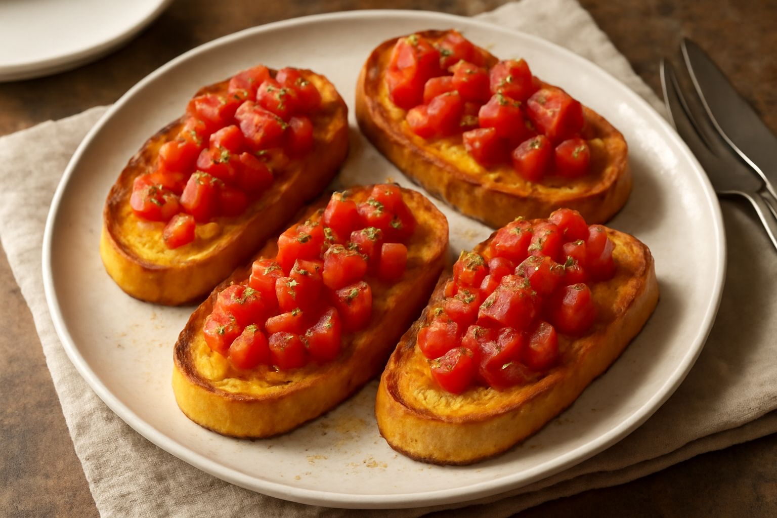 Sei fette di bruschetta dorate e croccanti disposte su un piatto bianco, condite con pomodoro fresco rosso, foglie di basilico verde, aglio e filo d'olio extravergine che luccica