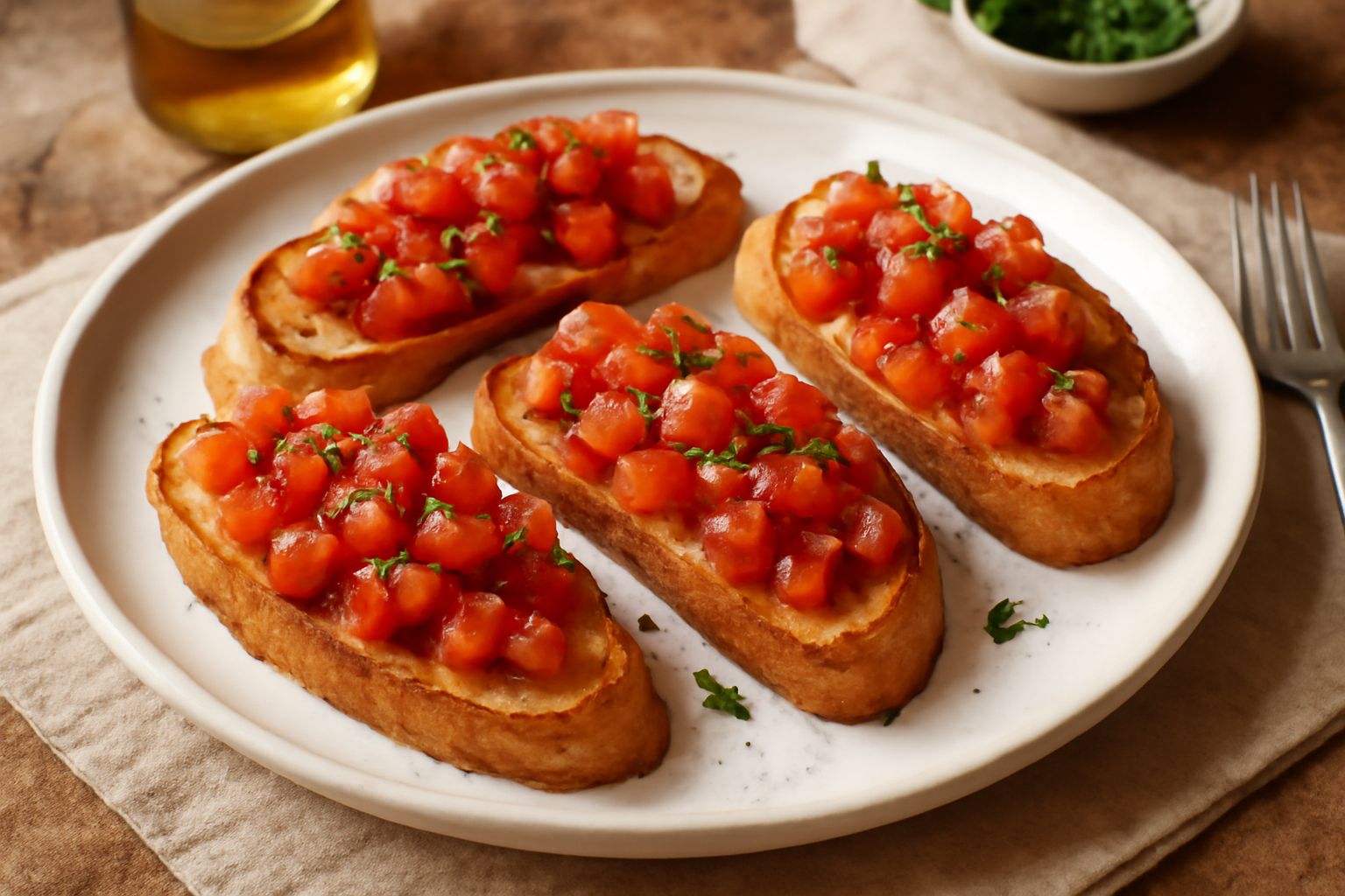 Bruschette al pomodoro servite su un piatto bianco: fette di pane tostato dorate ricoperte di pomodori rossi tagliati, aglio affettato e basilico verde, con gocce di olio d'oliva lucente