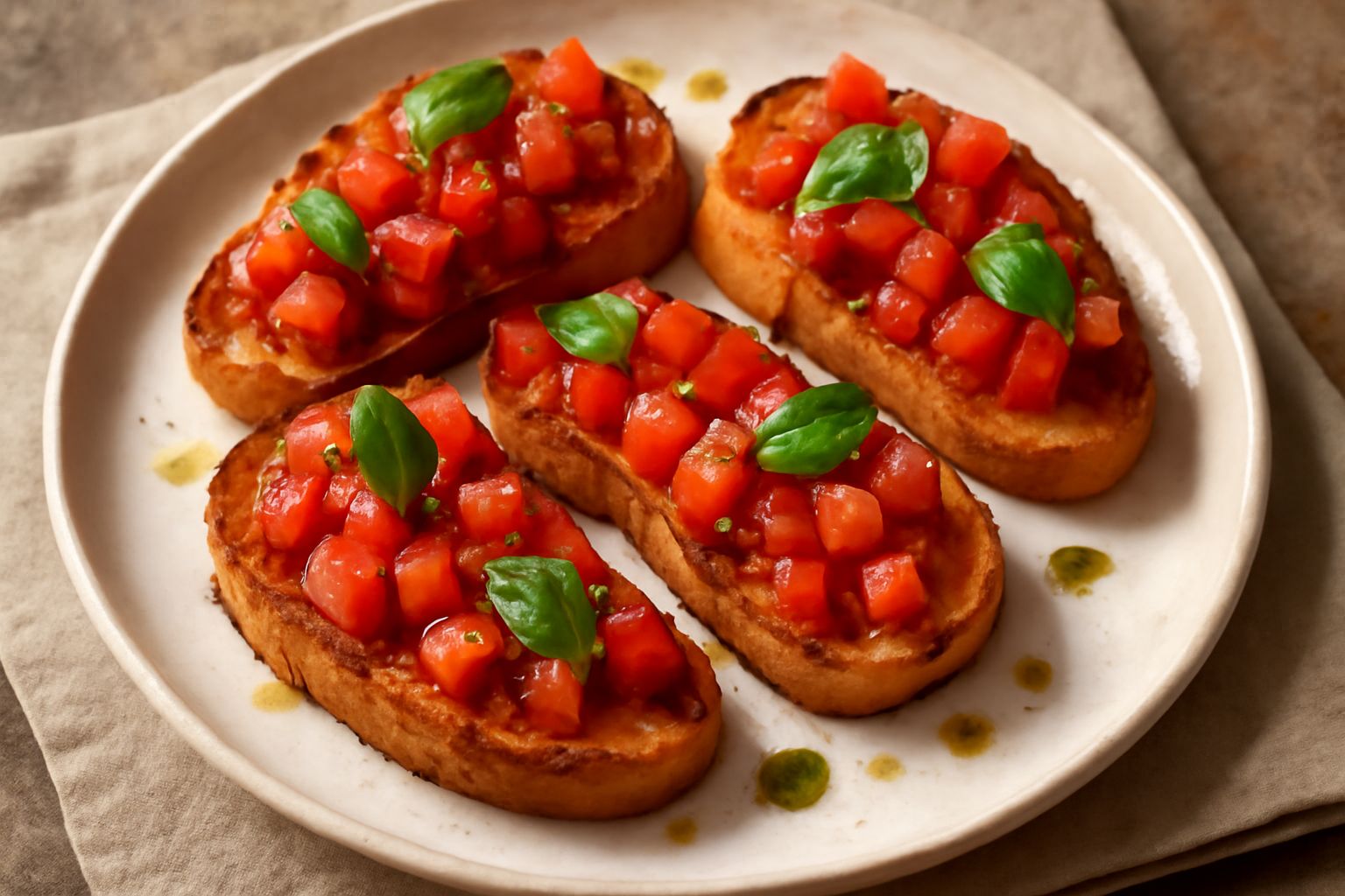 Tre bruschette su un piatto bianco, pane tostato dorato, condite con cubetti di pomodoro rosso brillante, foglie verdi di basilico e gocce di olio extravergine