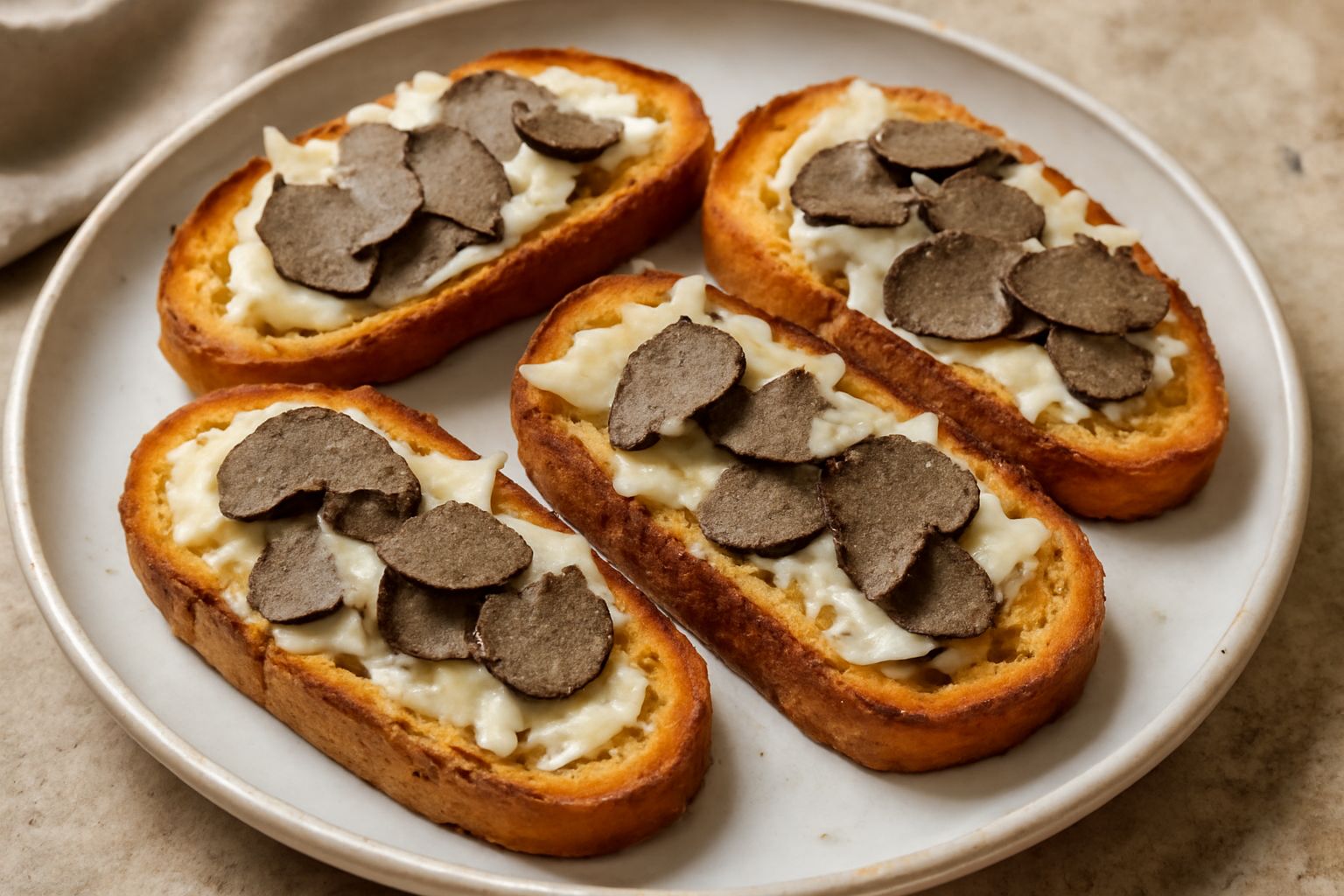 Bruschettas al tartufo su piatto bianco: fette di pane tostato dorate con burro chiaro, scaglie di parmigiano e lamelle nere di tartufo, guarnitura di prezzemolo fresco