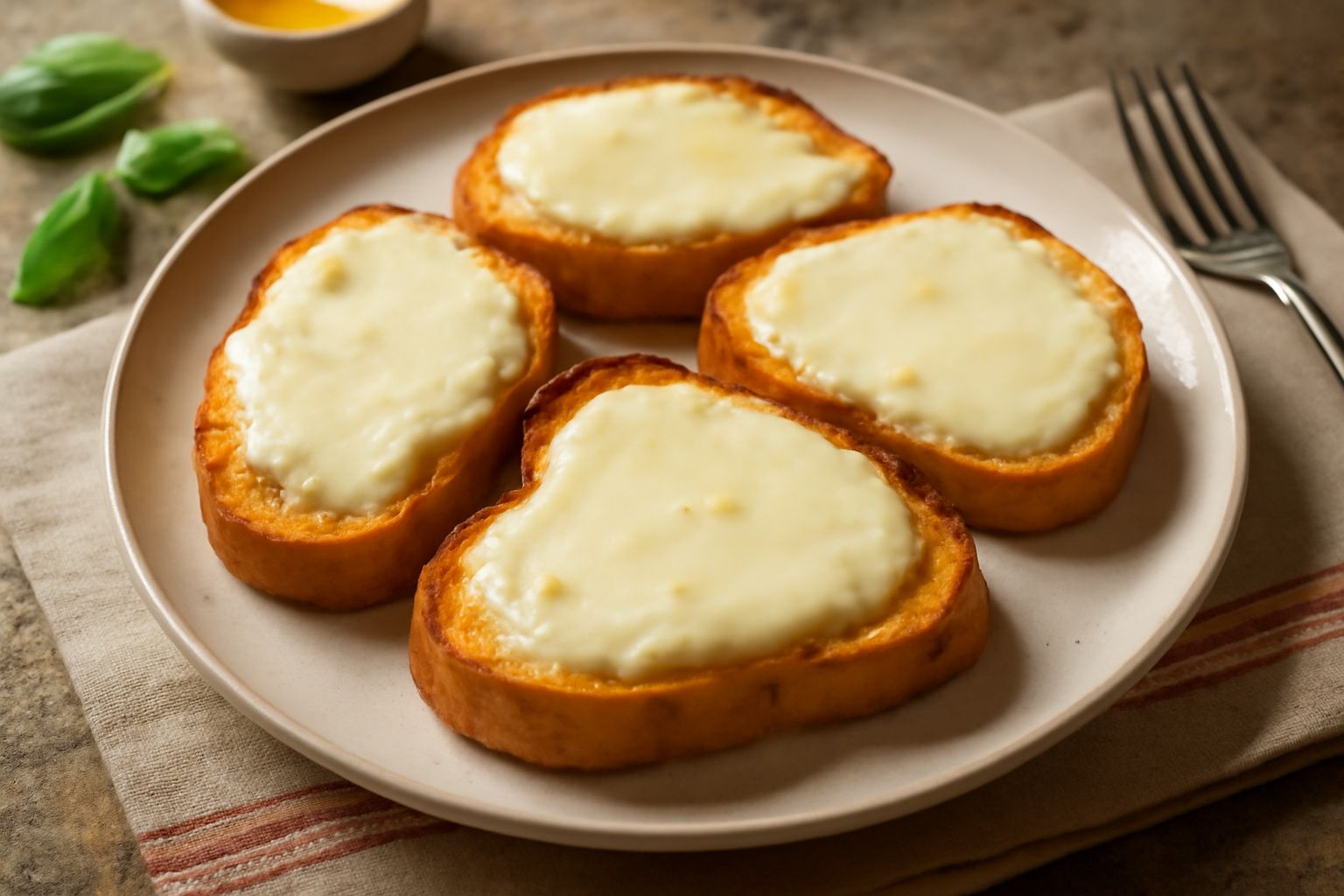 Tre bruschette su piatto bianco con fette di pane tostato dorate e croccanti, coperte da uno strato di formaggio color avorio leggermente dorato, guarnite con erba cipollina e pepe nero macinato fresc