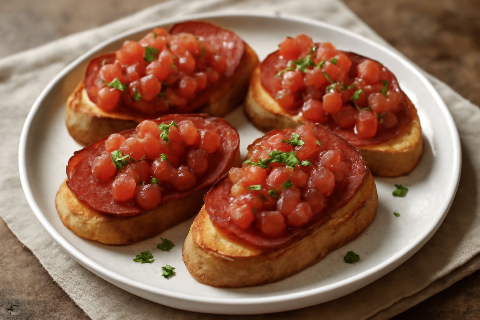 Bruschette con fette di pane dorato, ventricina rosa affumicata, pomodoro rosso fresco e foglie verdi di prezzemolo, disposte su un piatto bianco