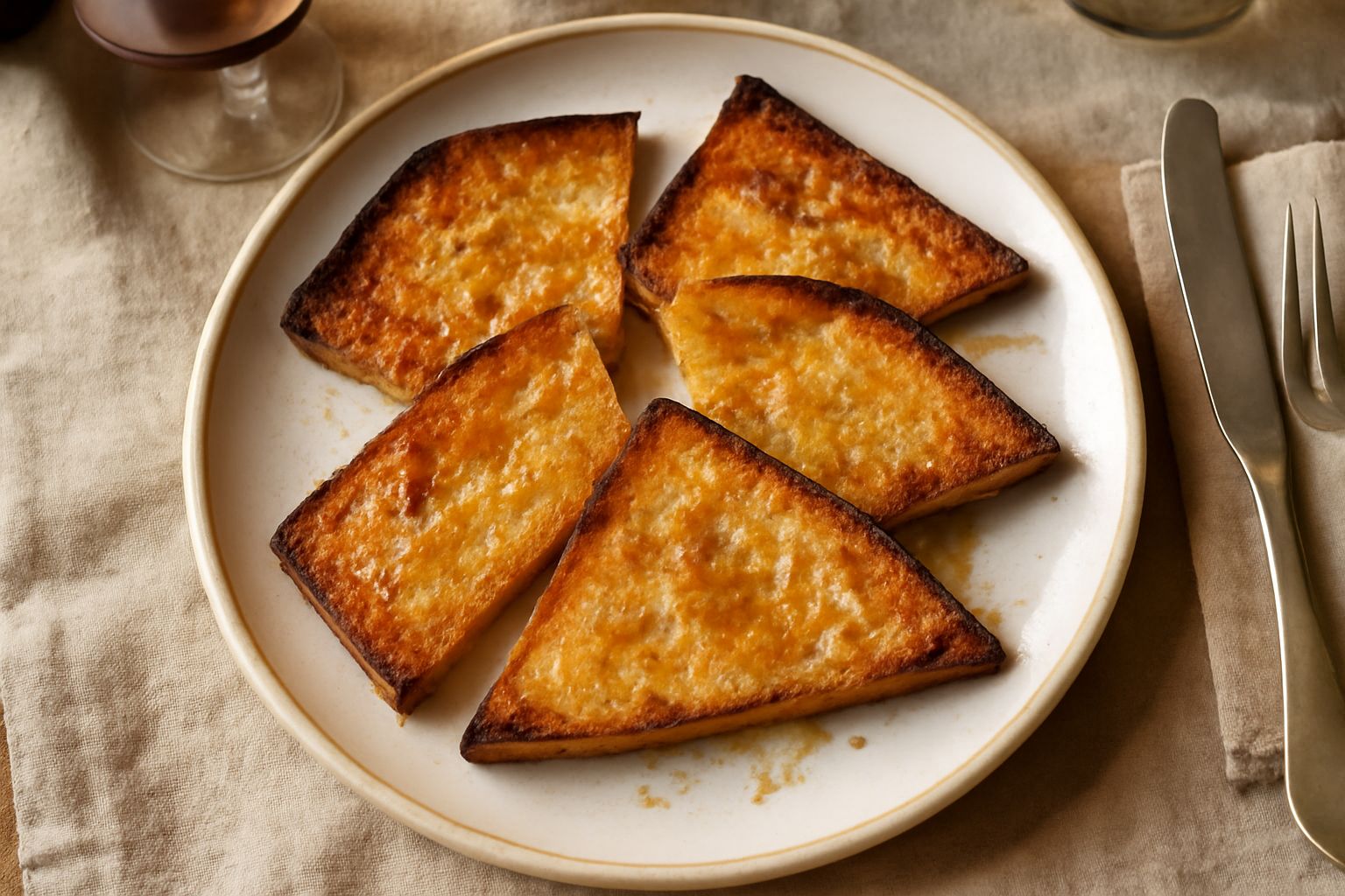 Fette di pane tostato color oro e marrone, croccanti, su un piatto bianco, condite di olio lucido e granelli di sale marino visibili in superficie, con contorno sfumato di fondo neutro