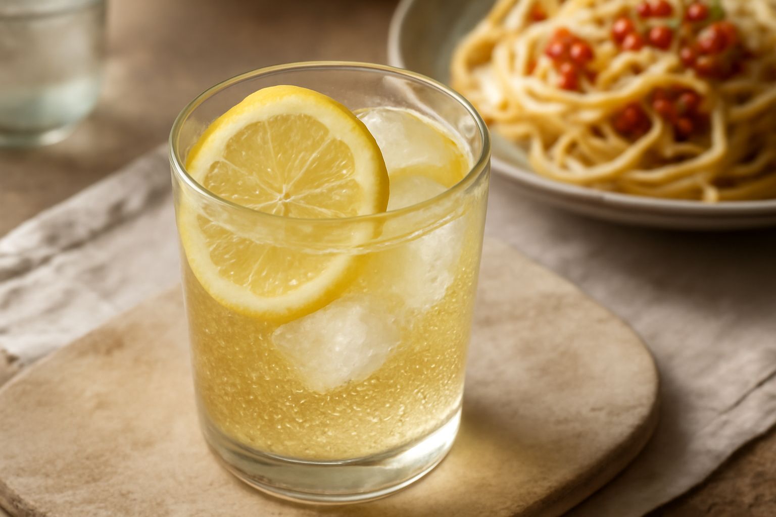Bicchiere alto con bevanda frizzante giallo paglierino, ghiaccio trasparente, fetta di limone appoggiata sul bordo, bollicine visibili, su sfondo bianco con luce naturale