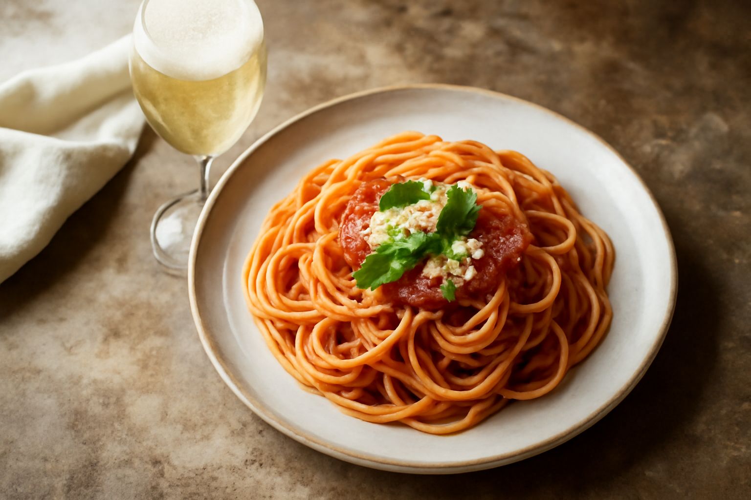 Bottiglia di spumante brut veneto con etichetta bianca, calice con bollicine fini e strato di schiuma dorata, su tavolo di legno naturale con grappolo d'uva bianca sfocato sullo sfondo