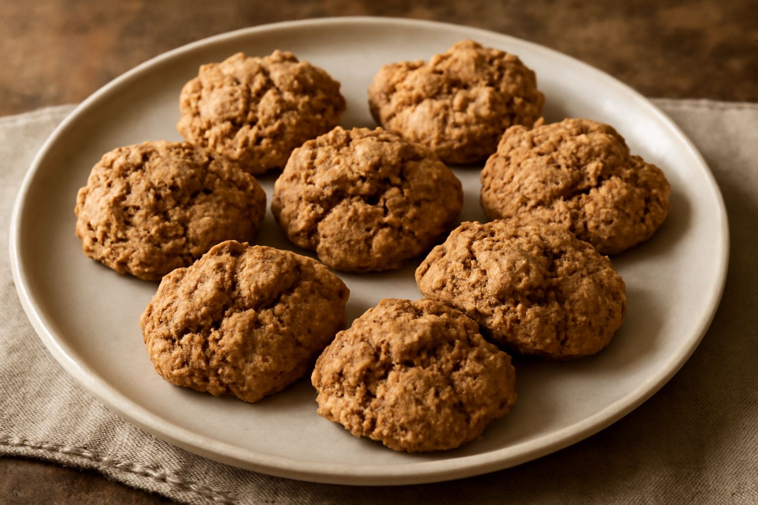 Biscotti irregolari color nocciola e oro disposti su carta bianca, con superficie screpolata e nodosa, mandorle visibili sulla crosta, ombra leggera