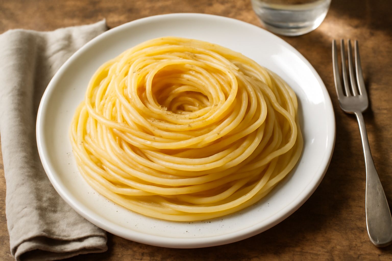 Bucatini cotto nel piatto bianco con olio d'oliva e pepe nero, lunghezze parallele ben distinte, trasparenza delicata, vapore leggero