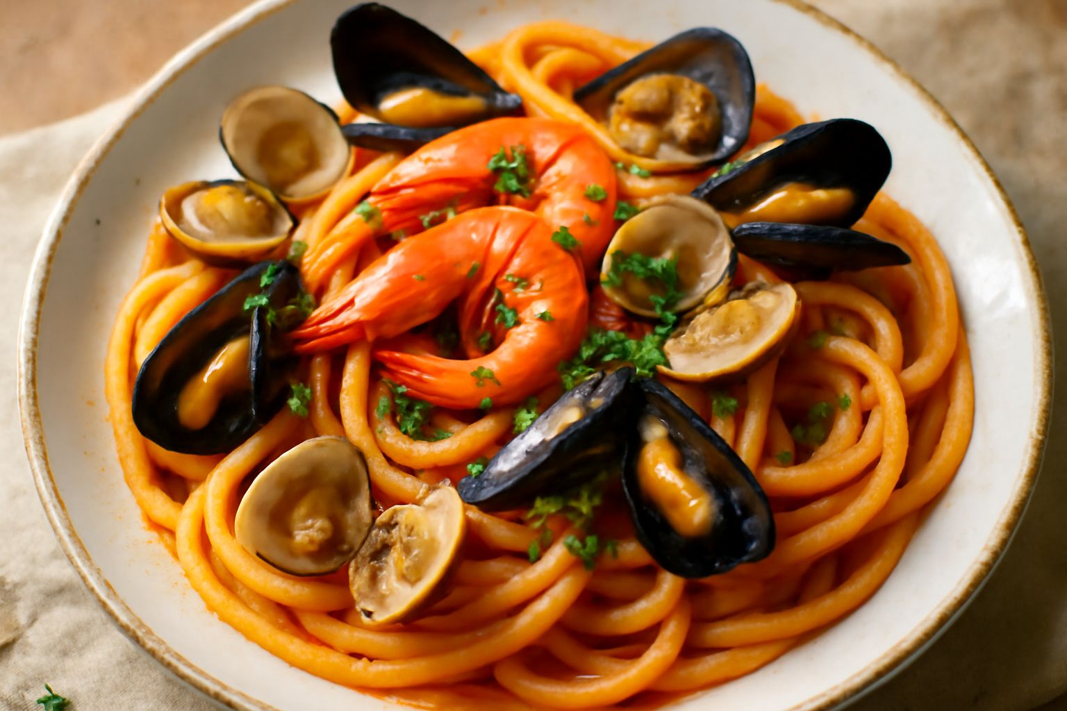 Bucatini ai frutti di mare serviti in piatto bianco fondo: pasta gialla con sugo rosso-arancio, vongole aperte, cozze nere e gamberi rosa, prezzemolo verde fresco, gocce di olio di oliva lucido, conto