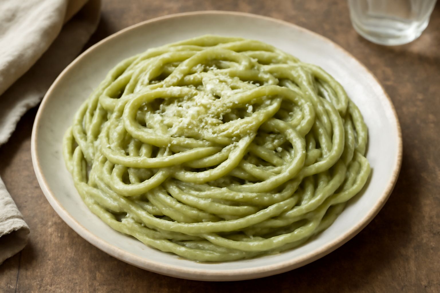 Piatto bianco con bucatini cremosi di colore verde chiaro dovuto al pistacchio, conditi in modo uniforme, con una spolverata di formaggio grattugiato bianco e qualche granello di pistacchio intero spa