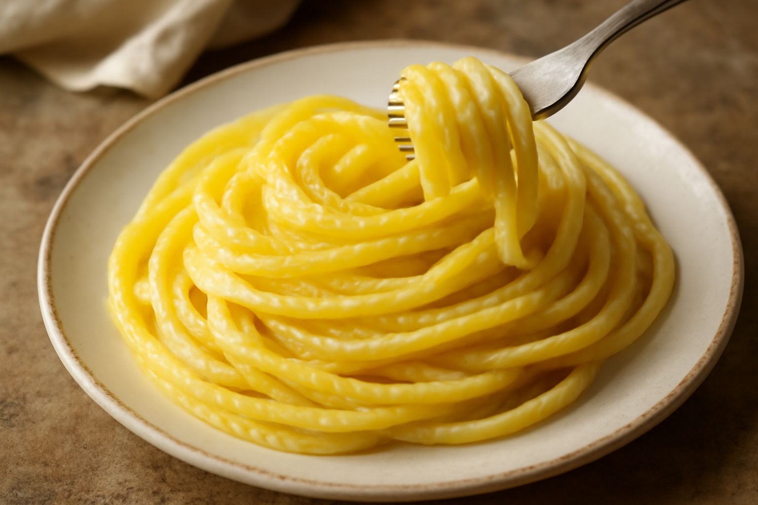 Piatto bianco con bucatini avvolti attorno alla forchetta, condimento giallo-dorato con scorza di limone grattugiata sopra e una goccia di olio verde ai lati