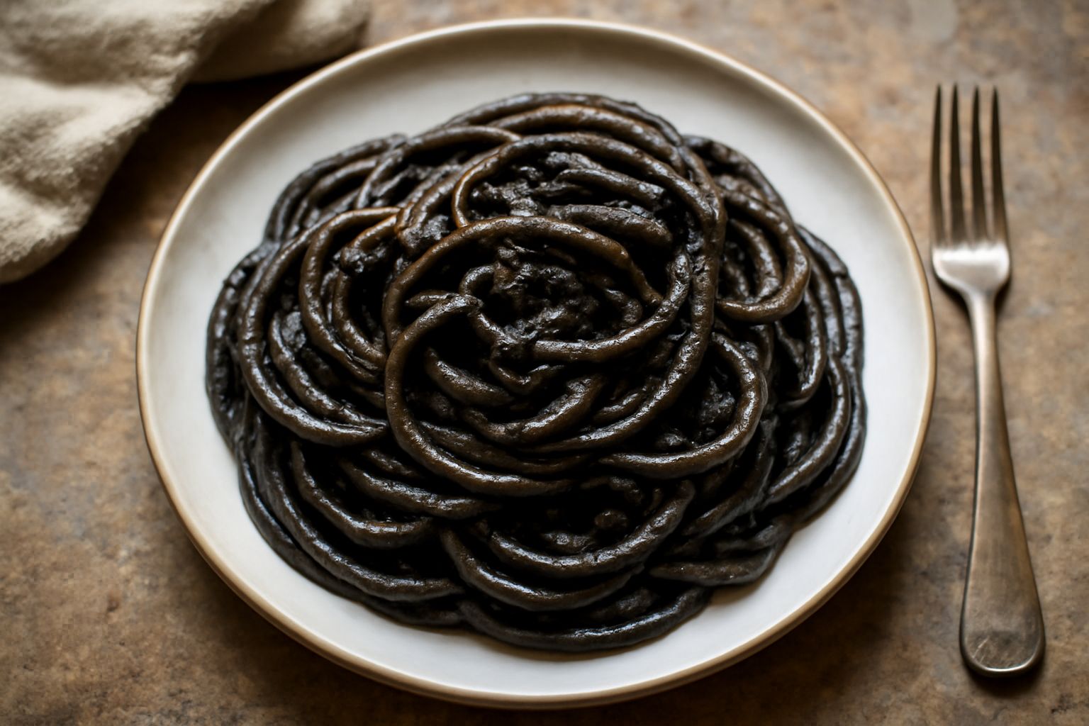 Bucatini neri come l'inchiostro, cremosi di salsa, in un piatto bianco. Una seppia fresca riposa accanto. Guarnizione di prezzemolo verde e gocce di olio d'oliva dorato.