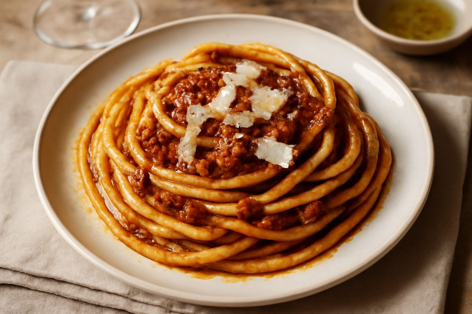Piatto di bucatini avvolti in ragù marrone scuro, grattugiato di parmigiano bianco, servito in piatto bianco fondo con cucchiaio di legno sullo sfondo