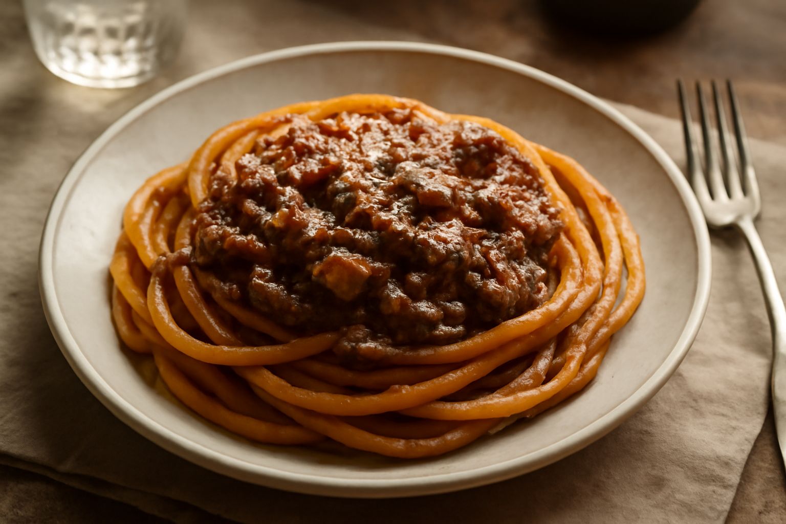 Bucatini al ragù di cinghiale serviti in piatto bianco fondo, coperti da ragù brunastro denso con pezzi di carne visibili, spolverati di pecorino grattugiato e una foglia di prezzemolo fresco al centr