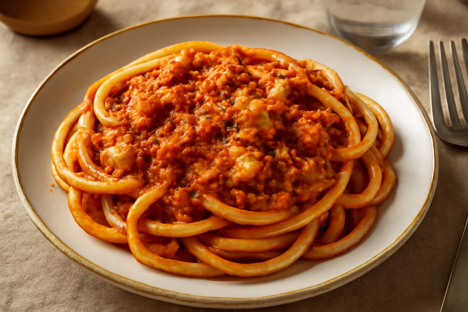 Piatto di bucatini al ragù di pesce con salsa rossa densa, pesce bianco sminuzzato visibile, bucatini bianchi ben conditi, guarnito con prezzemolo fresco tritato e filo di olio extravergine