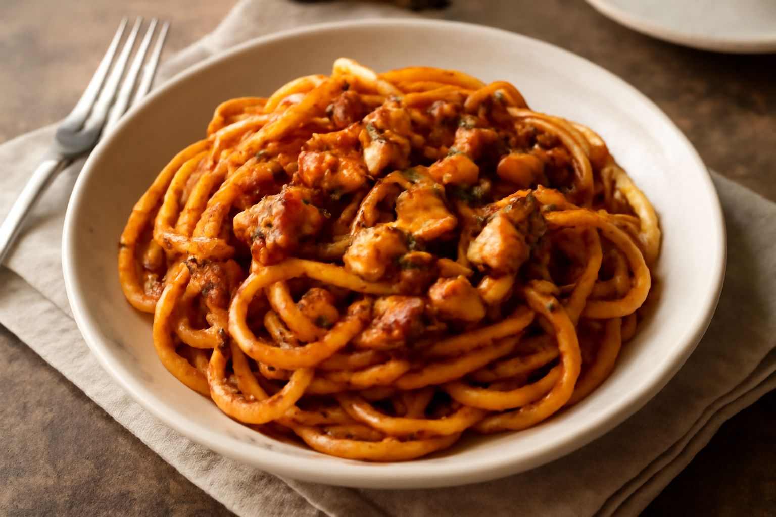 Piatto di bucatini al ragù di pesce spada: pasta riccioluta ricoperta di sugo scuro e corposo, con frammenti visibili di pesce bianco, condito con prezzemolo fresco tritato, in piatto bianco fondo su 