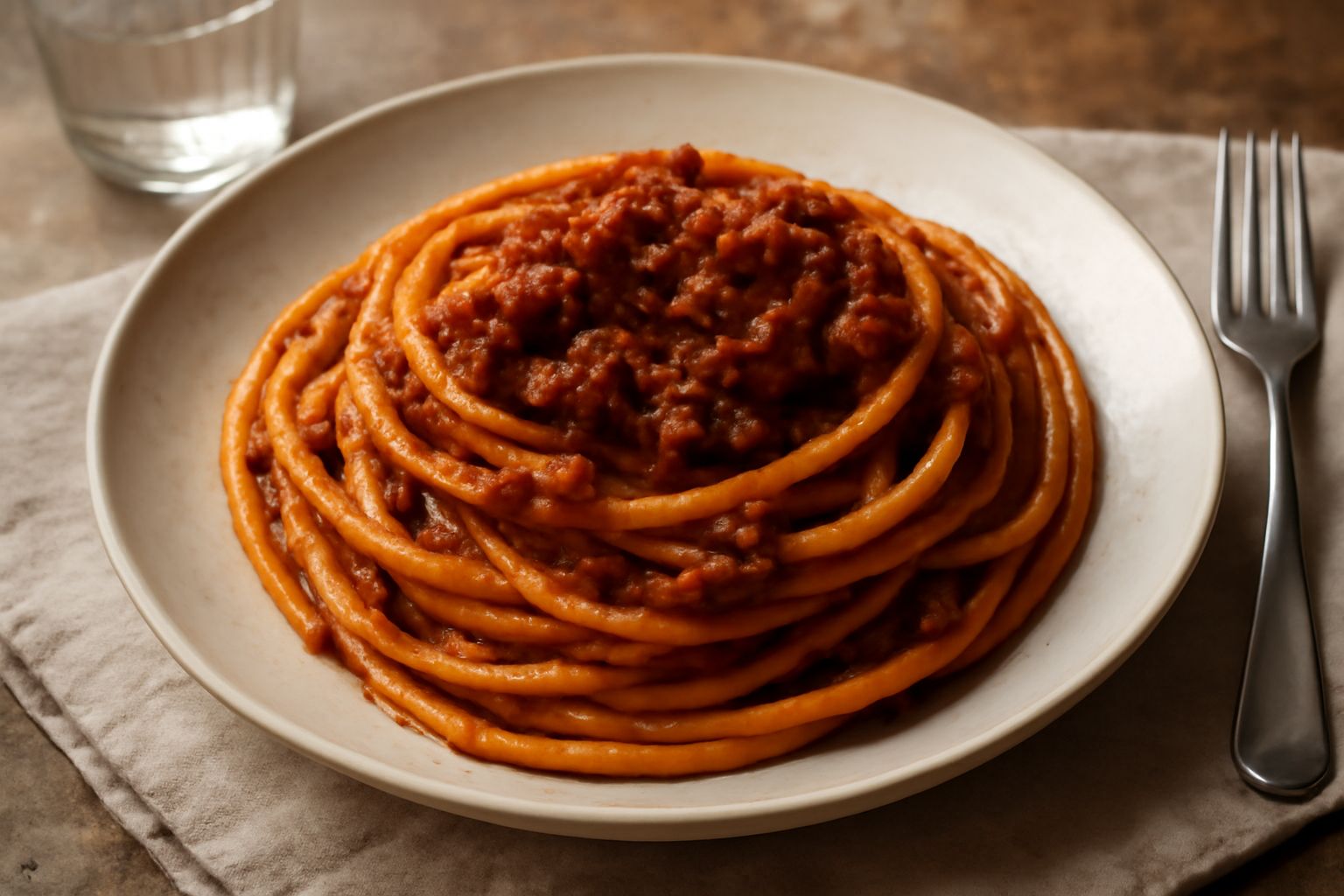 Piatto di bucatini al ragù messinese, pasta avvolta intorno a una forchetta, sugo rosso scuro che copre i buchi della pasta, grana di Parmigiano grattugiato sopra, contorno di sugo nel piatto bianco