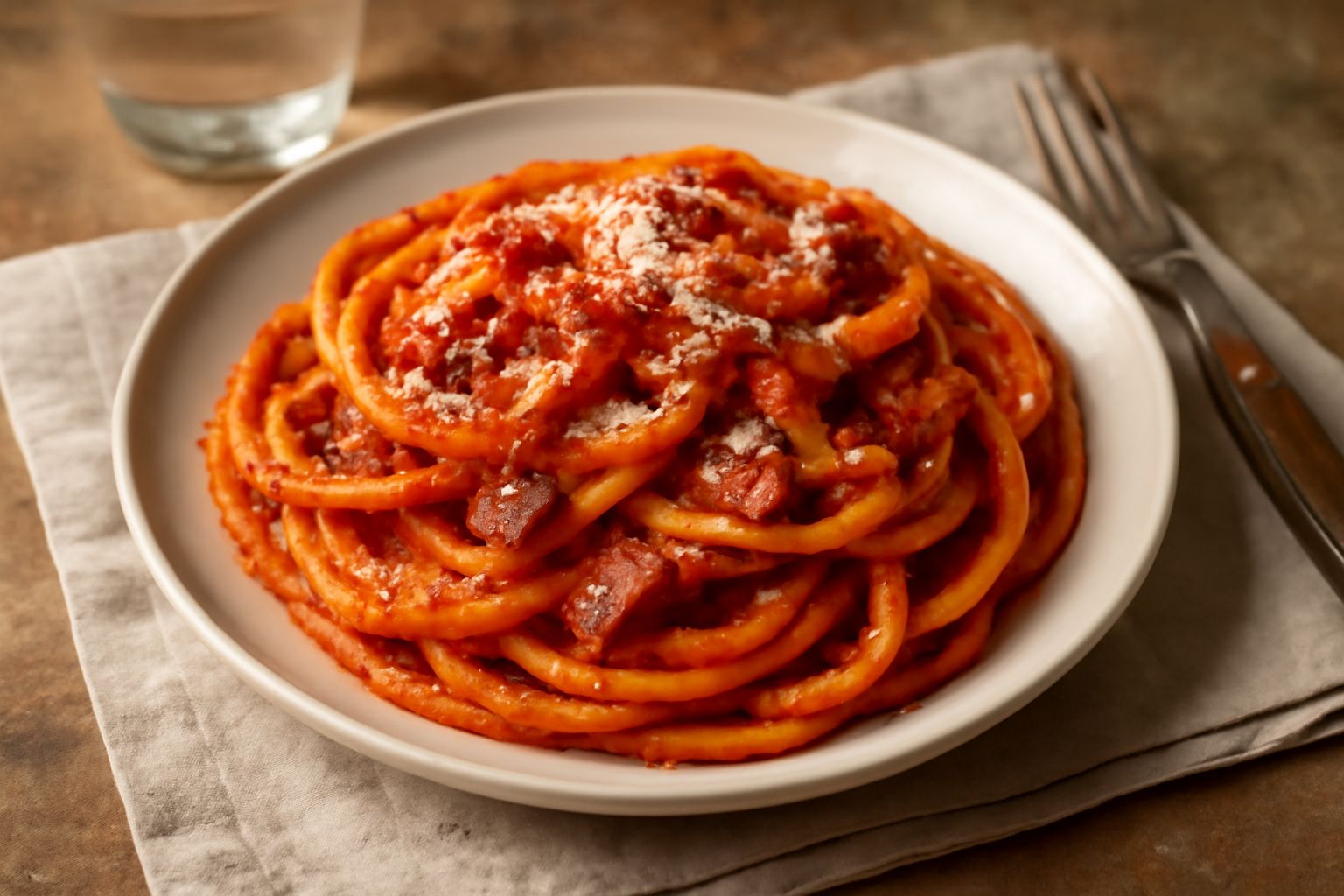 Piatto di bucatini alla amatriciana appena servito: pasta lunga avvolta intorno a una forchetta, salsa rossa brillante con pezzetti di guanciale dorato, il tutto cosparso di pecorino romano grattugiat