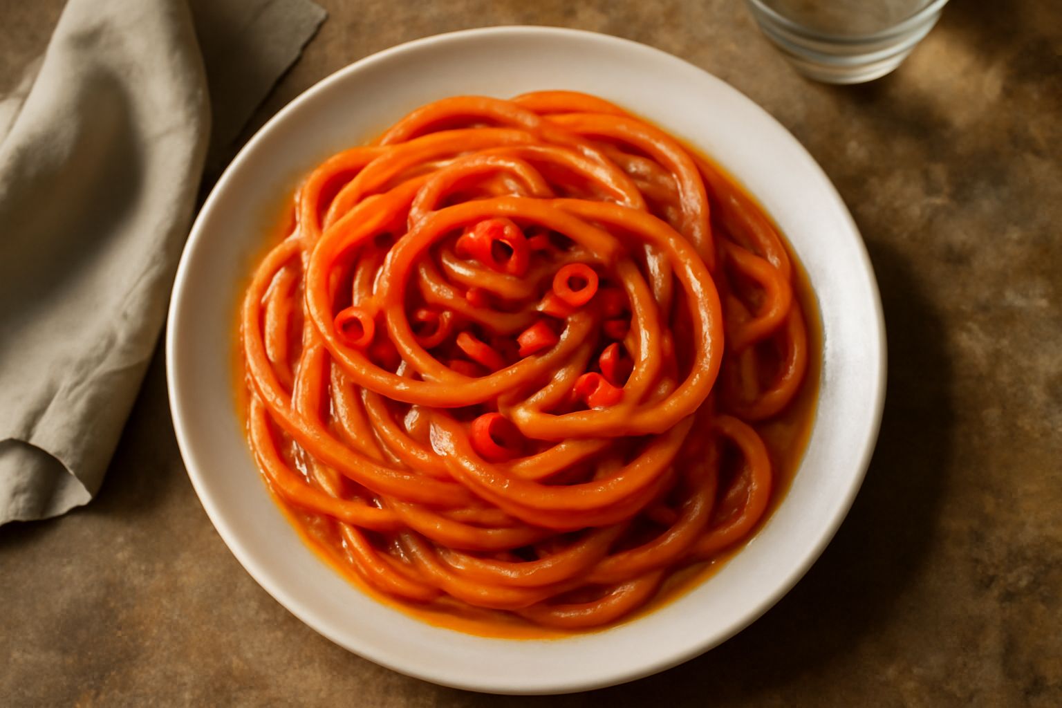 Piatto bianco con bucatini conditi al rosso di pomodoro, guarniti di peperoncino rosso affettato e filo di olio verde oliva. Pane scuro sfocato sullo sfondo.