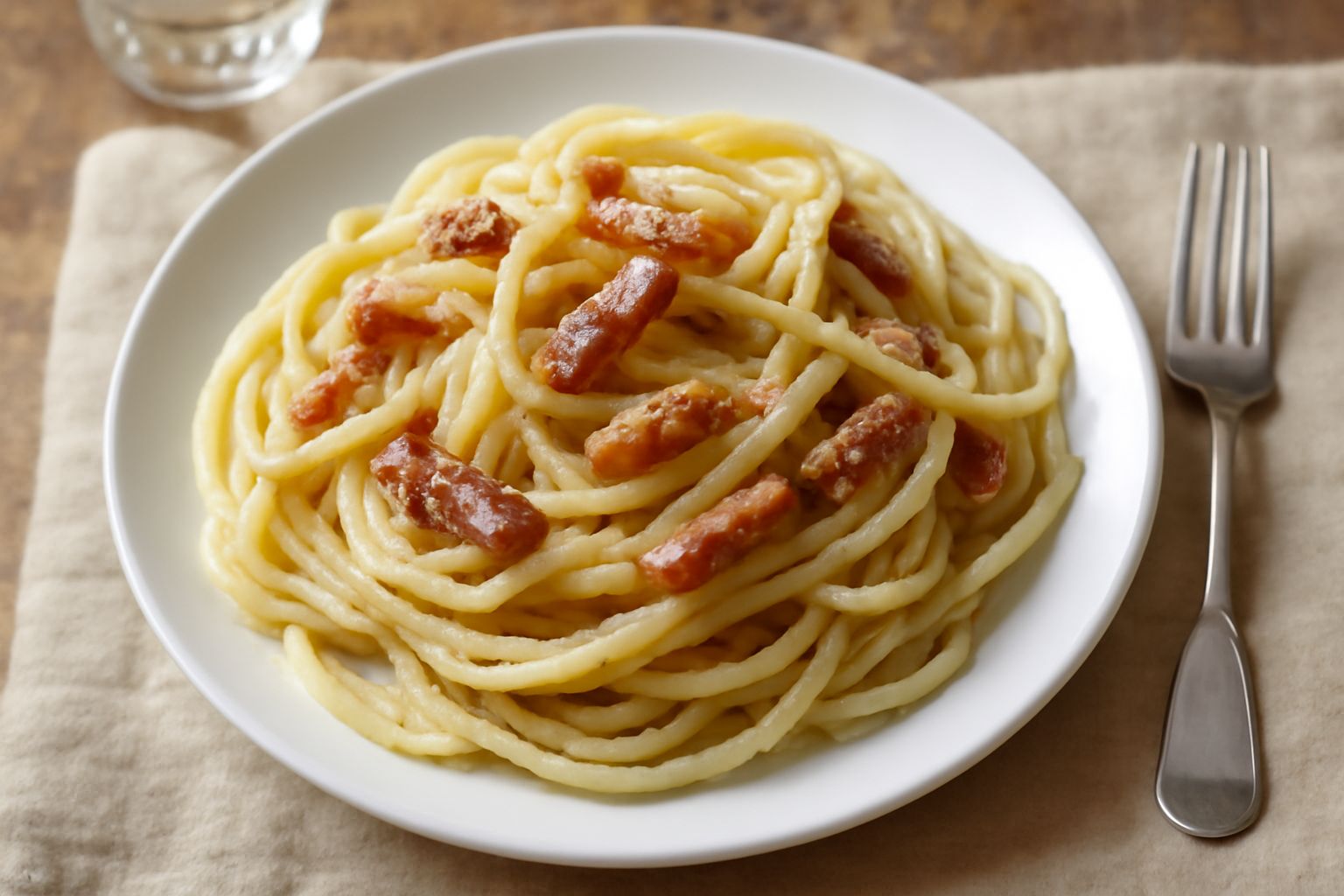 Piatto di bucatini bianchi e cremosi conditi con guanciale dorato, pepe nero visibile e formaggio grattugiato, servito su piatto bianco con forchetta