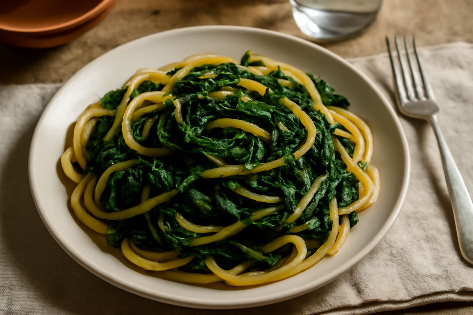 Piatto di bucatini alla cicoria, pasta cava ricca di verdure verdi in padella, condita con olio d'oliva lucido, aglio dorato e peperoncino rosso, servito in piatto bianco con bordo blu a mano