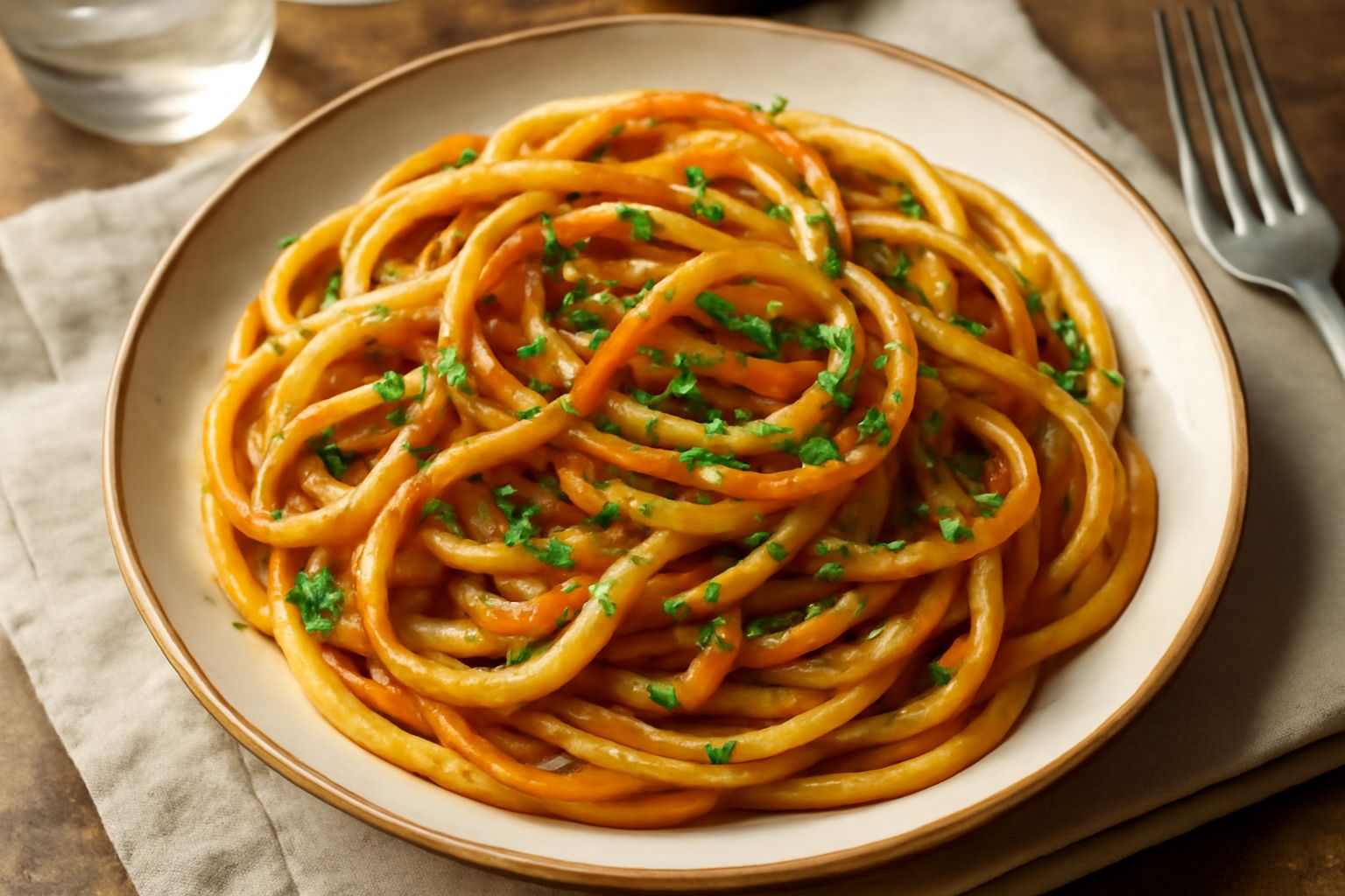 Piatto di bucatini conditi con salsa ambrata dalla colatura di alici, guarniti con prezzemolo fresco tritato, peperoncino rosso e una goccia di olio extravergine di oliva