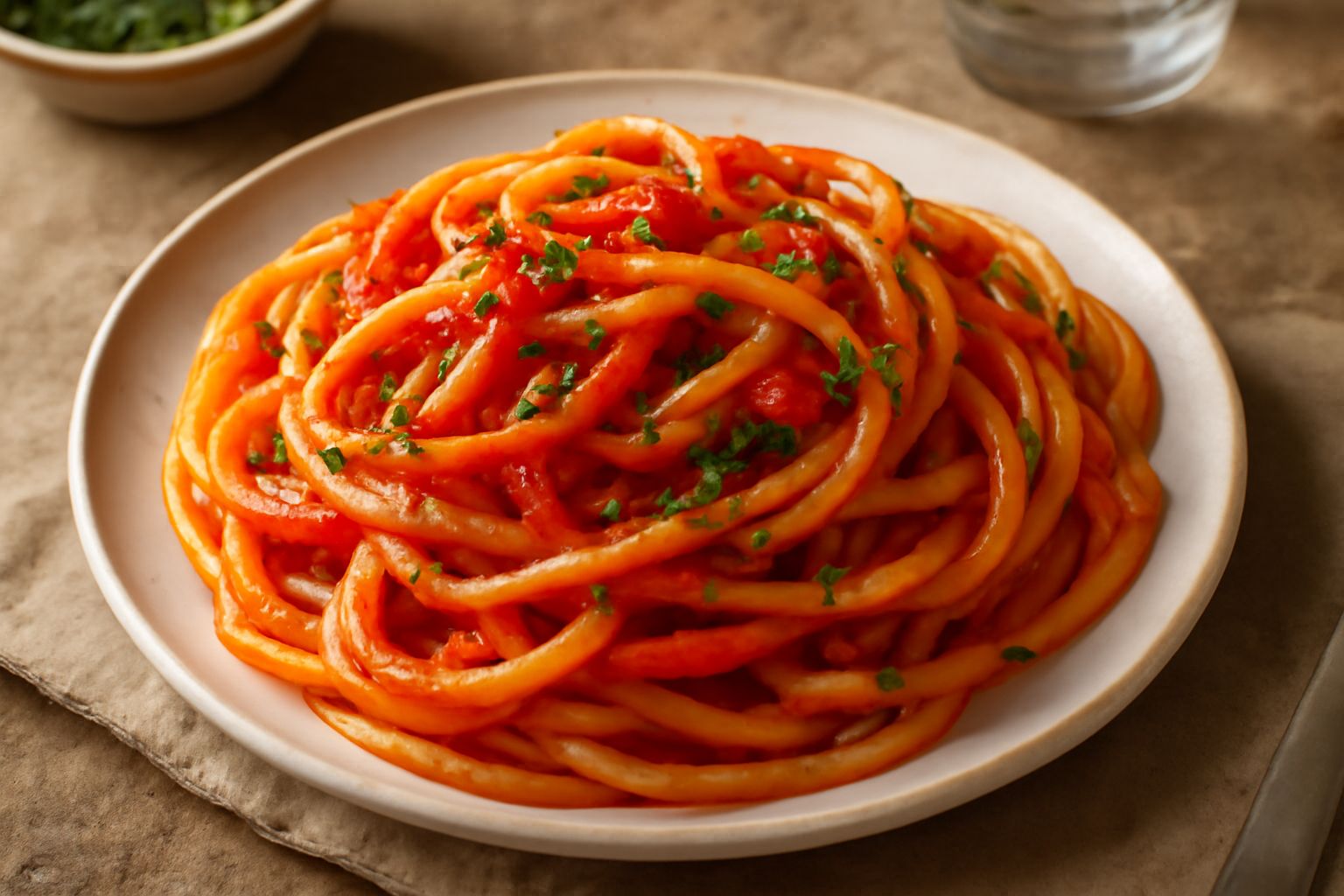 Piatto di bucatini alla marinara bianco sporco, pasta lunga avvolta sulla forchetta, condimento rosso brillante di pomodoro crudo, filo di olio verde sulla superficie, prezzemolo verde fresco sparso, 