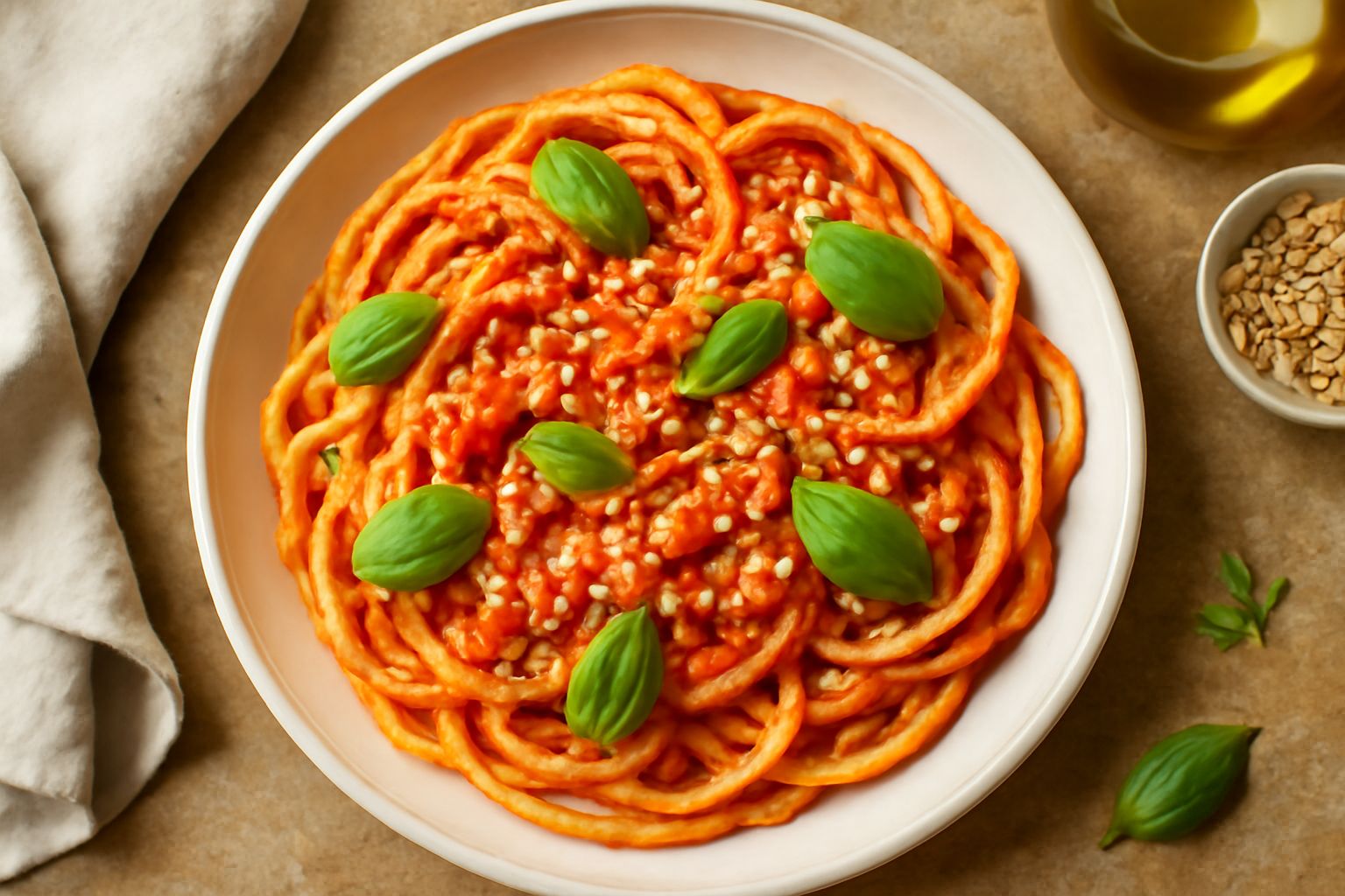 Piatto di bucatini con salsa rossa a base di pomodori, mandorle tostate visibili sulla pasta, basilico fresco verde, servito su piatto bianco con olio di oliva colato sopra