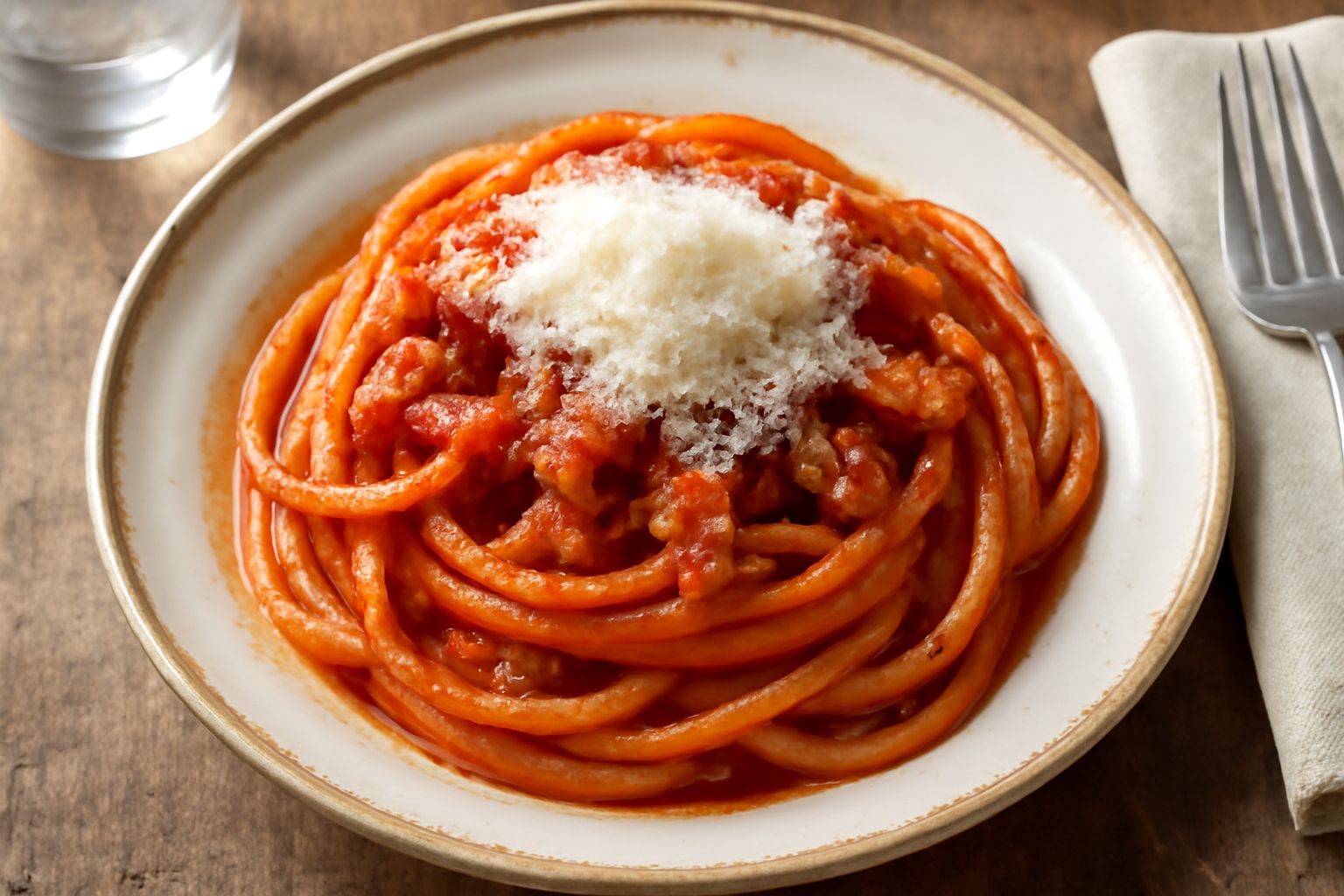 Piatto bianco con bucatini all'amatriciana, pasta lunga sottile con salsa rossa brillante, guanciale croccante marrone dorato, grana di pecorino bianca e punte di peperoncino rosso, tovaglia bianca