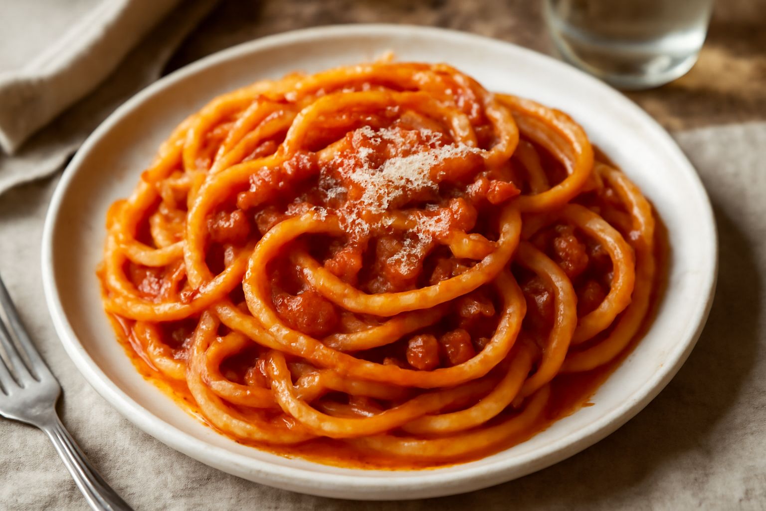 Piatto di bucatini all'amatriciana alla palermitana: pasta lunga e sottile di color dorato, rivestita di salsa rossa vellutata con piccoli pezzi di guanciale abbrustolito e pecorino grattugiato in sup