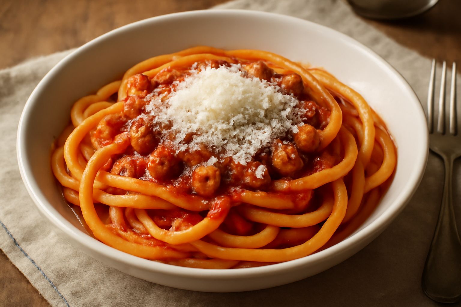 Piatto di bucatini con sugo rosso e dadini di guanciale dorato, spolverato di pecorino romano grattugiato, su fondo di ceramica chiara