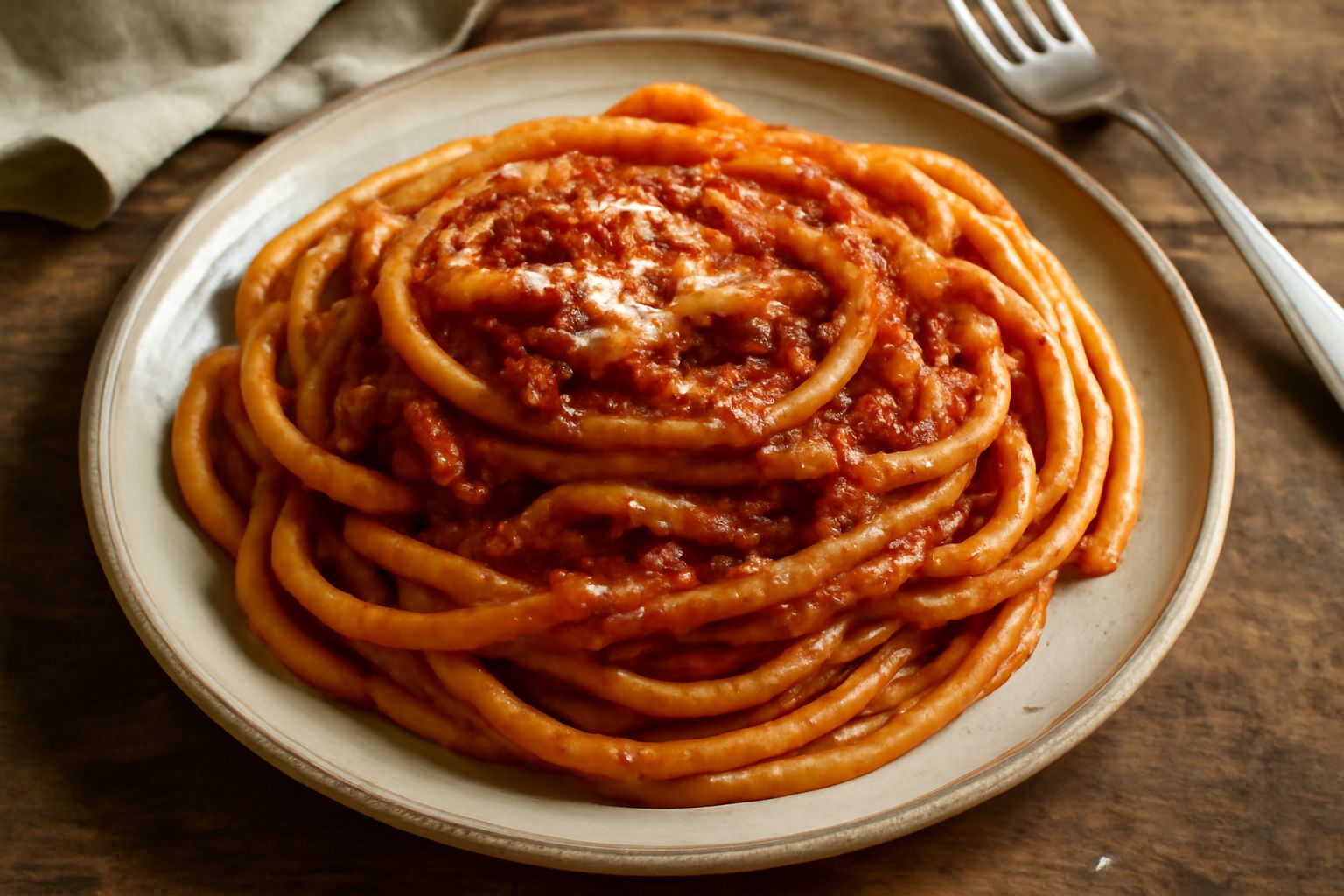Piatto di bucatini rossi di sugo di ragù, guarnito con formaggio grattugiato, in un piatto bianco su tavolo in legno con luce naturale