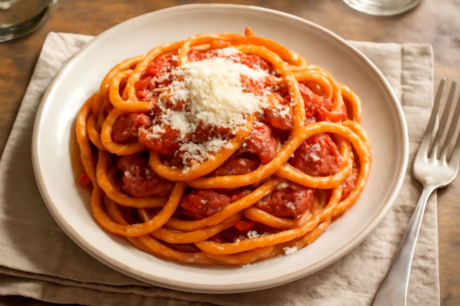 Piatto di bucatini con salsa rossa densa, guancia di maiale rosata in evidenza, spolverata generosa di pecorino bianco, servito in piatto fondo bianco con bordo sottile