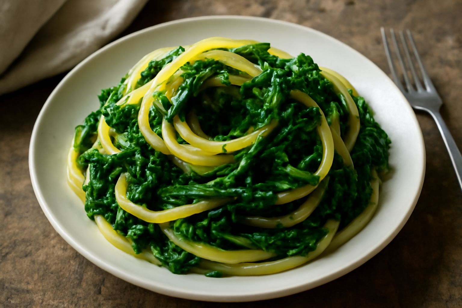 Piatto di bucatini conditi con cime di rapa verde scuro, aglio dorato e gocce di olio d'oliva, servito in piatto bianco con forchetta e limone sul lato
