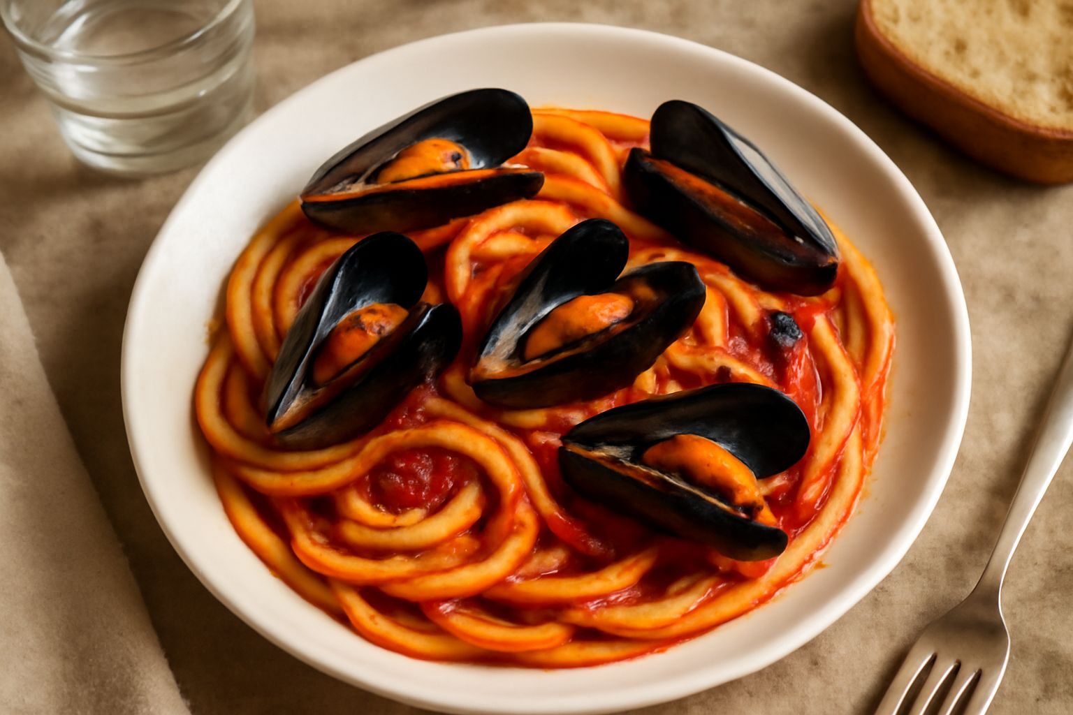 Piatto di bucatini alle cozze: pasta lunga con dentro cozze aperte nere e blu, ricoperta di salsa rossa di pomodoro e aglio, decorato con prezzemolo verde fresco