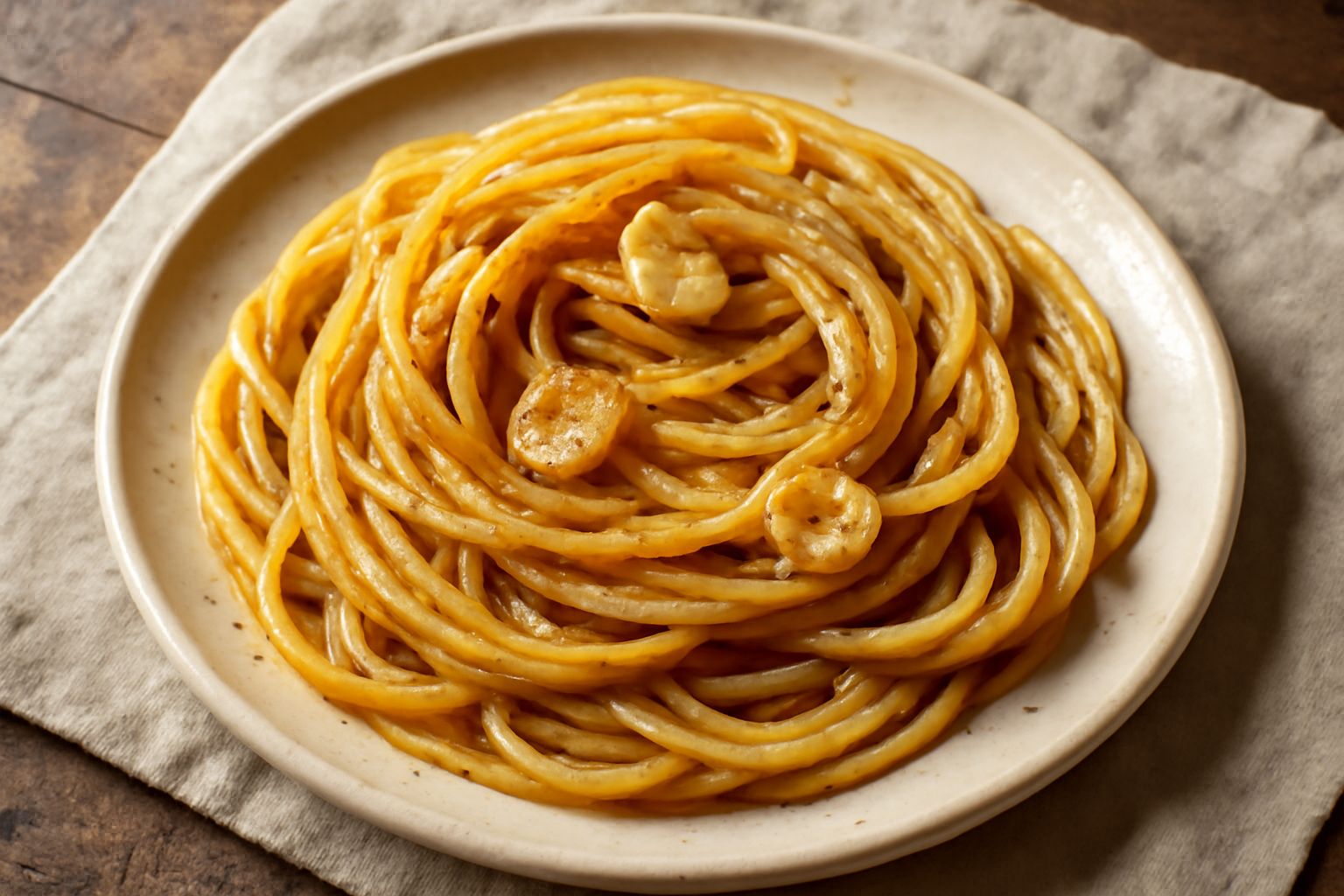 Piatto di bucatini ca' le acciughe con pasta bagnata di olio scuro, filametti di acciughe fuse nel condimento, aglio dorato, presentato in piatto bianco con filo d'olio a vista