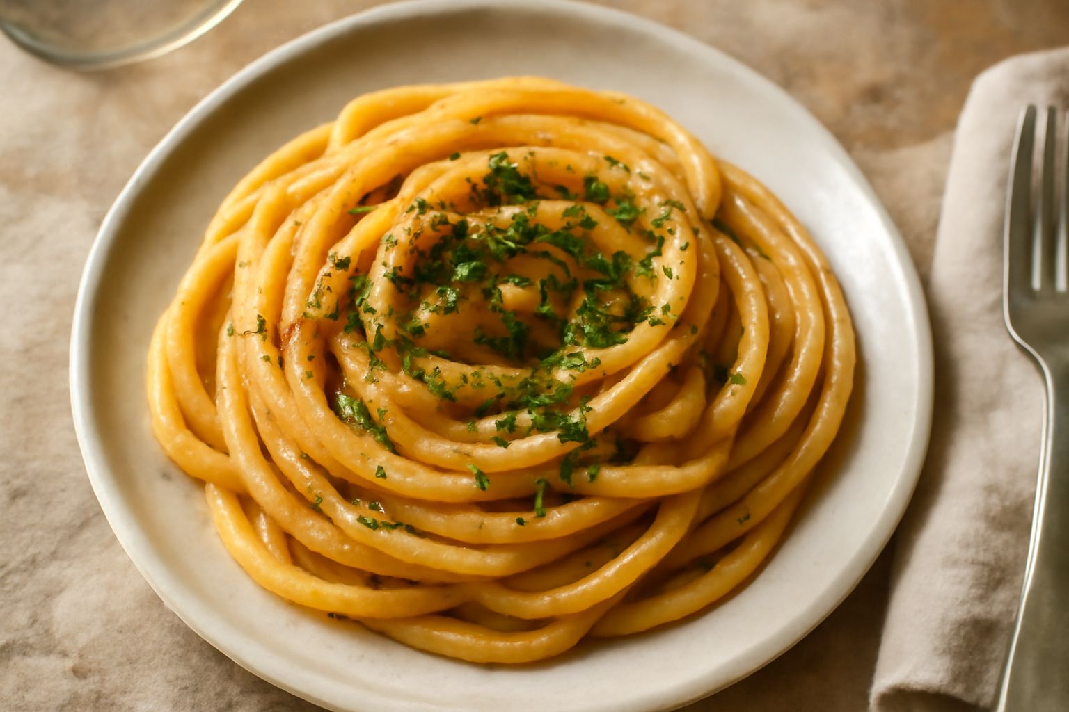 Bucatini cremosi con frammenti di ricci di mare arancioni, olio extravergine di oliva e prezzemolo fresco tritato, in piatto bianco fondo sfocato